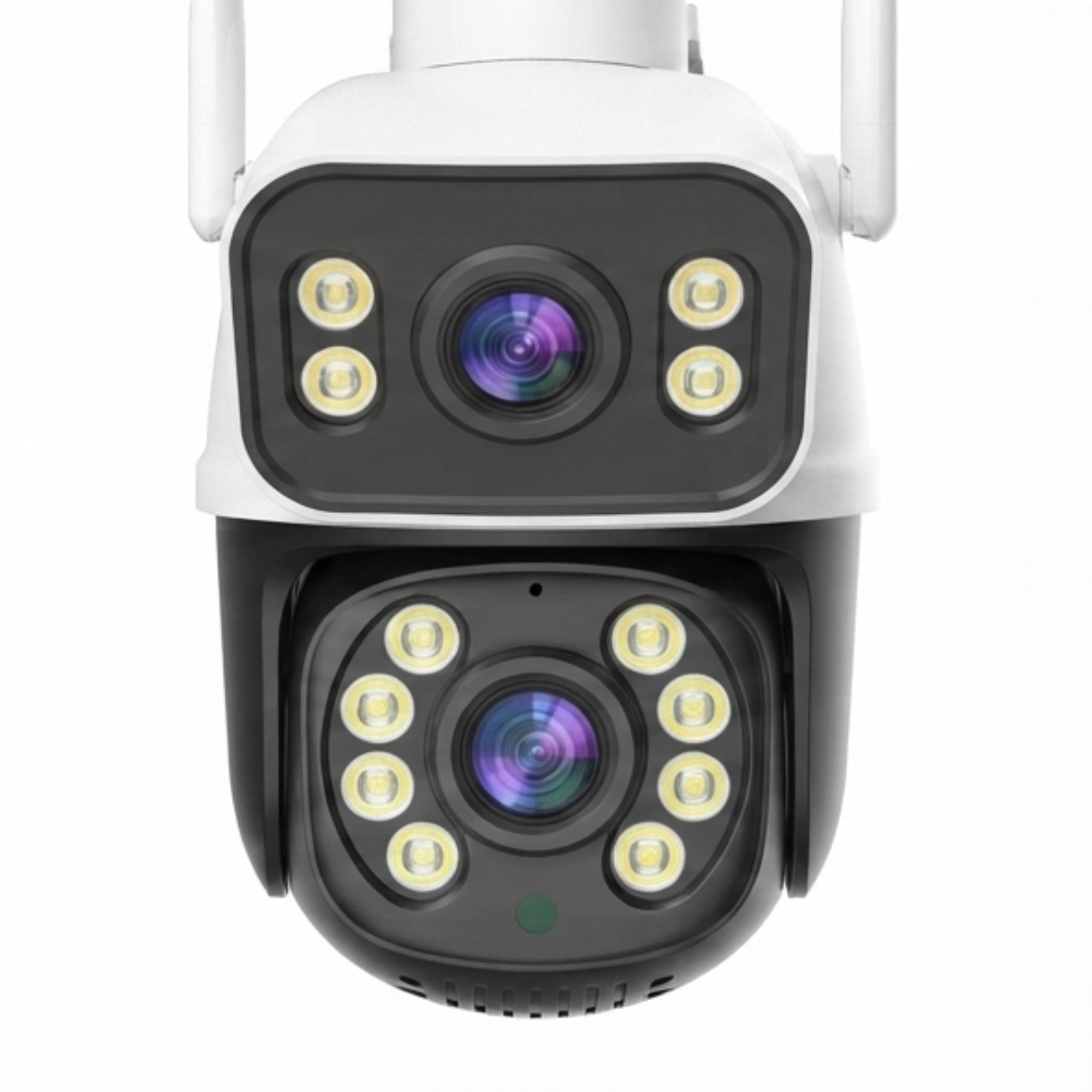 Cámara de seguridad blanca con lentes dobles y luces LED integradas sobre fondo blanco.