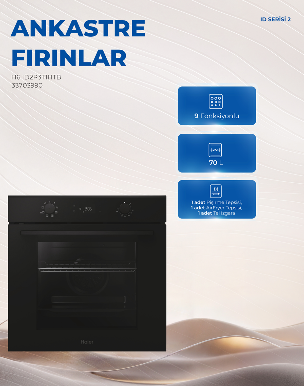 Ein schwarzer Haier Einbauofen mit blauen Feature-Icons auf hellem Hintergrund.