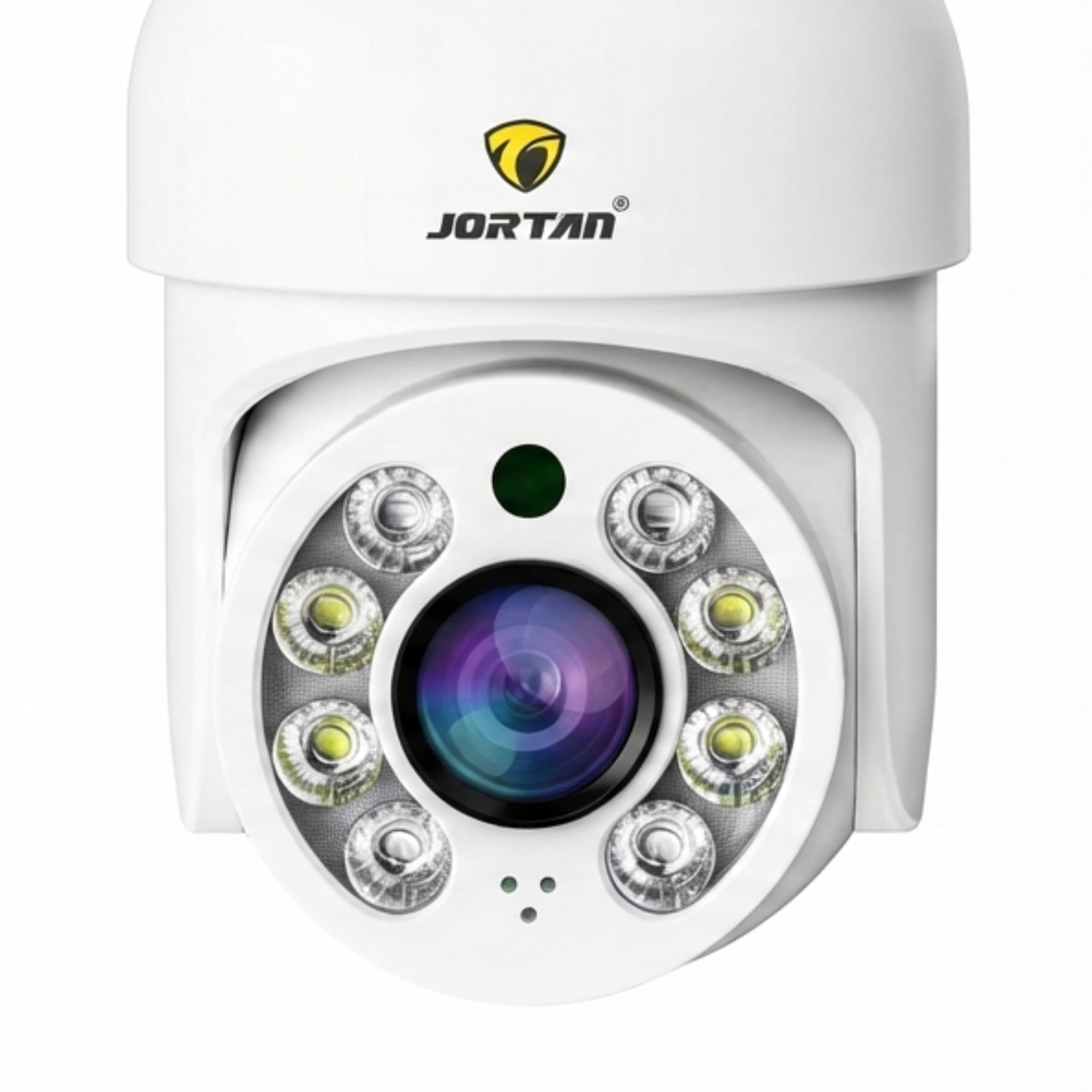 Cámara de seguridad blanca Jortan con lente central y LED alrededor sobre fondo blanco.