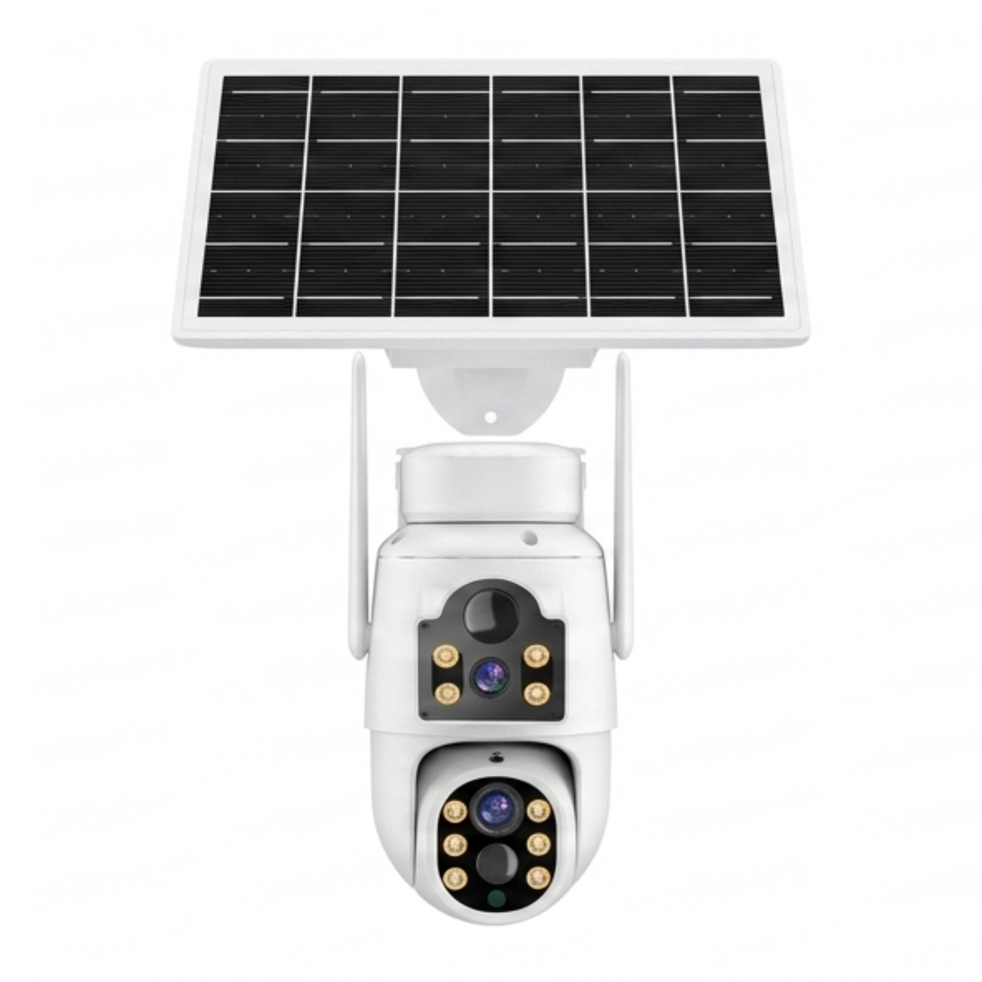 Cámara de seguridad blanca con lentes dobles, LED integrados, dos antenas y un panel solar arriba.