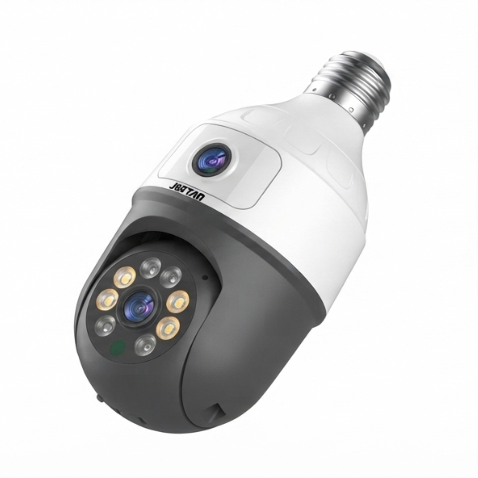 Una cámara de seguridad blanca y gris en forma de bombilla con múltiples LED y una lente.