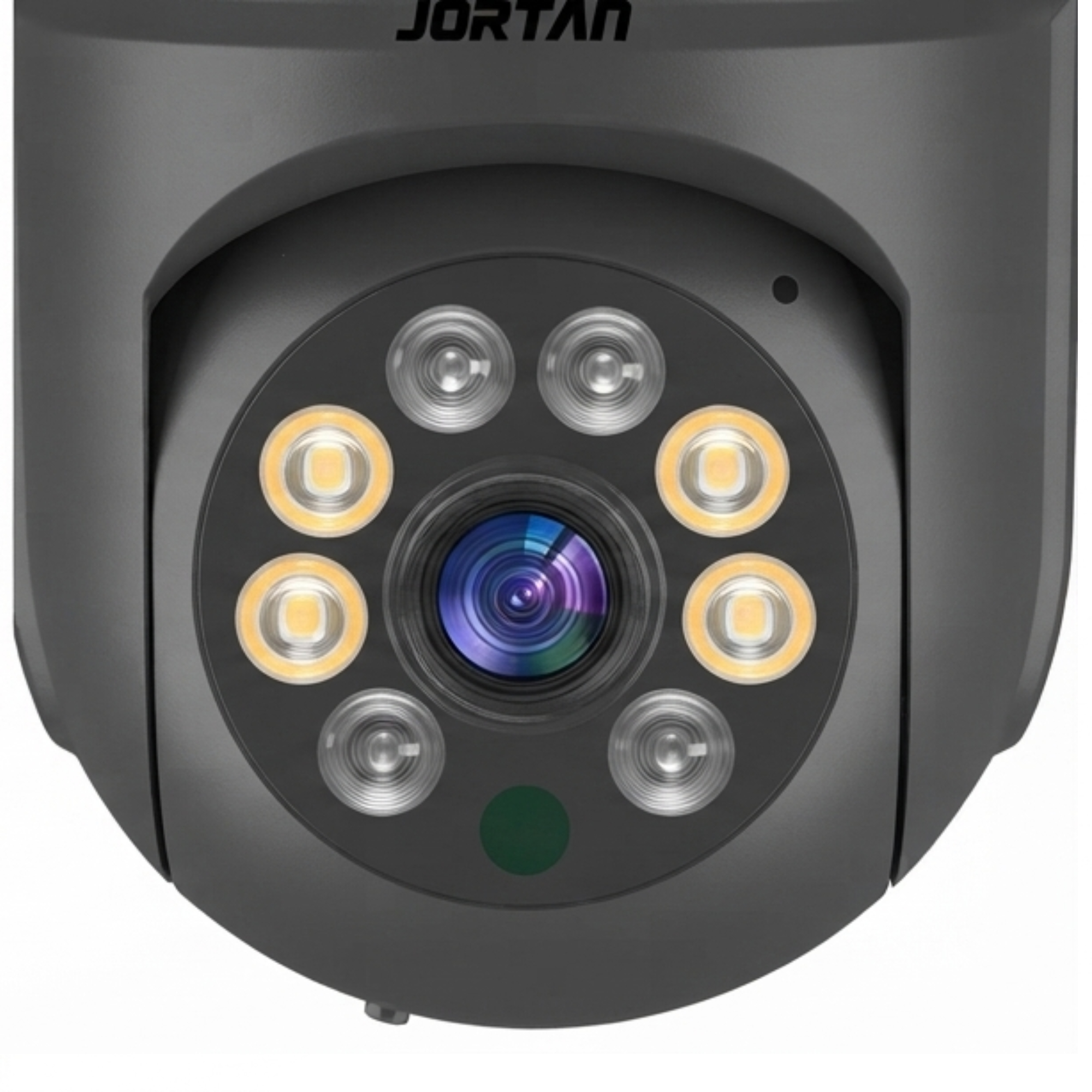 Una cámara de seguridad Jortan gris con una lente central, rodeada de LED y luces infrarrojas sobre fondo blanco.