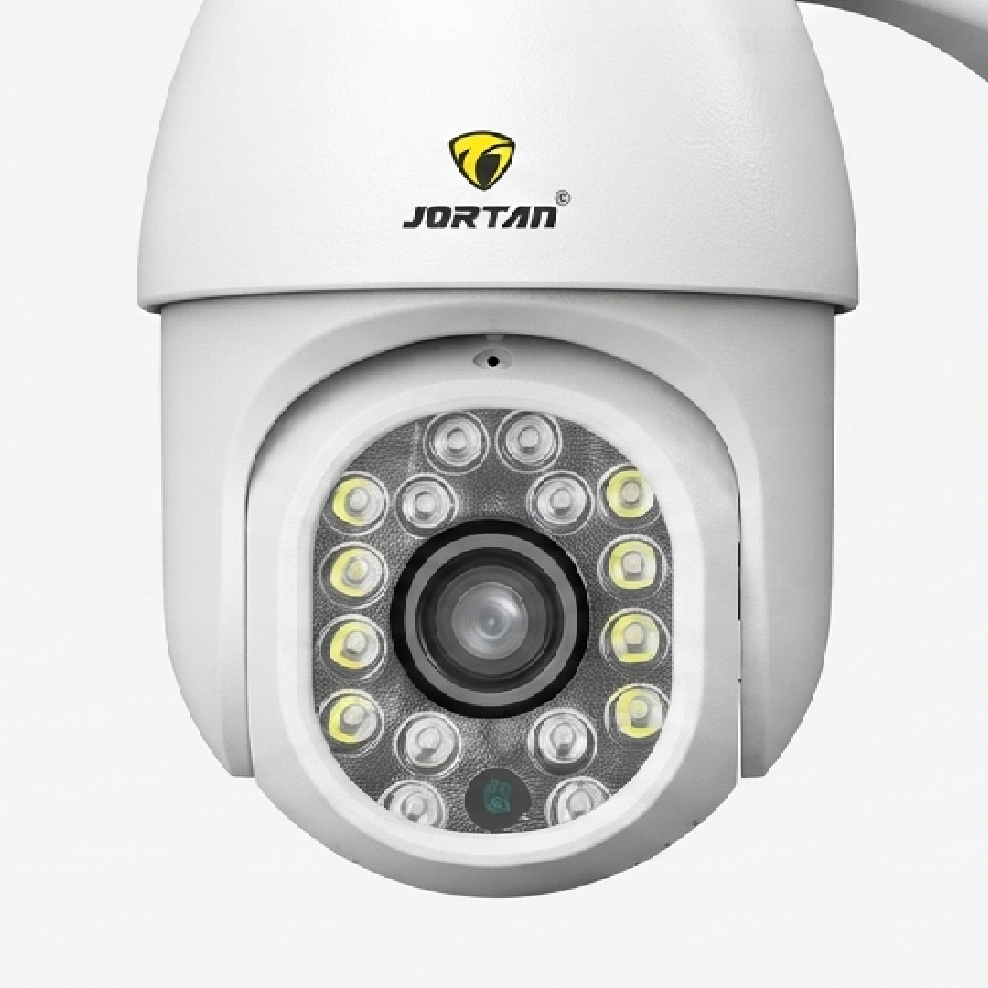 Una cámara de seguridad Jortan blanca con una lente central rodeada de luces LED sobre fondo blanco.