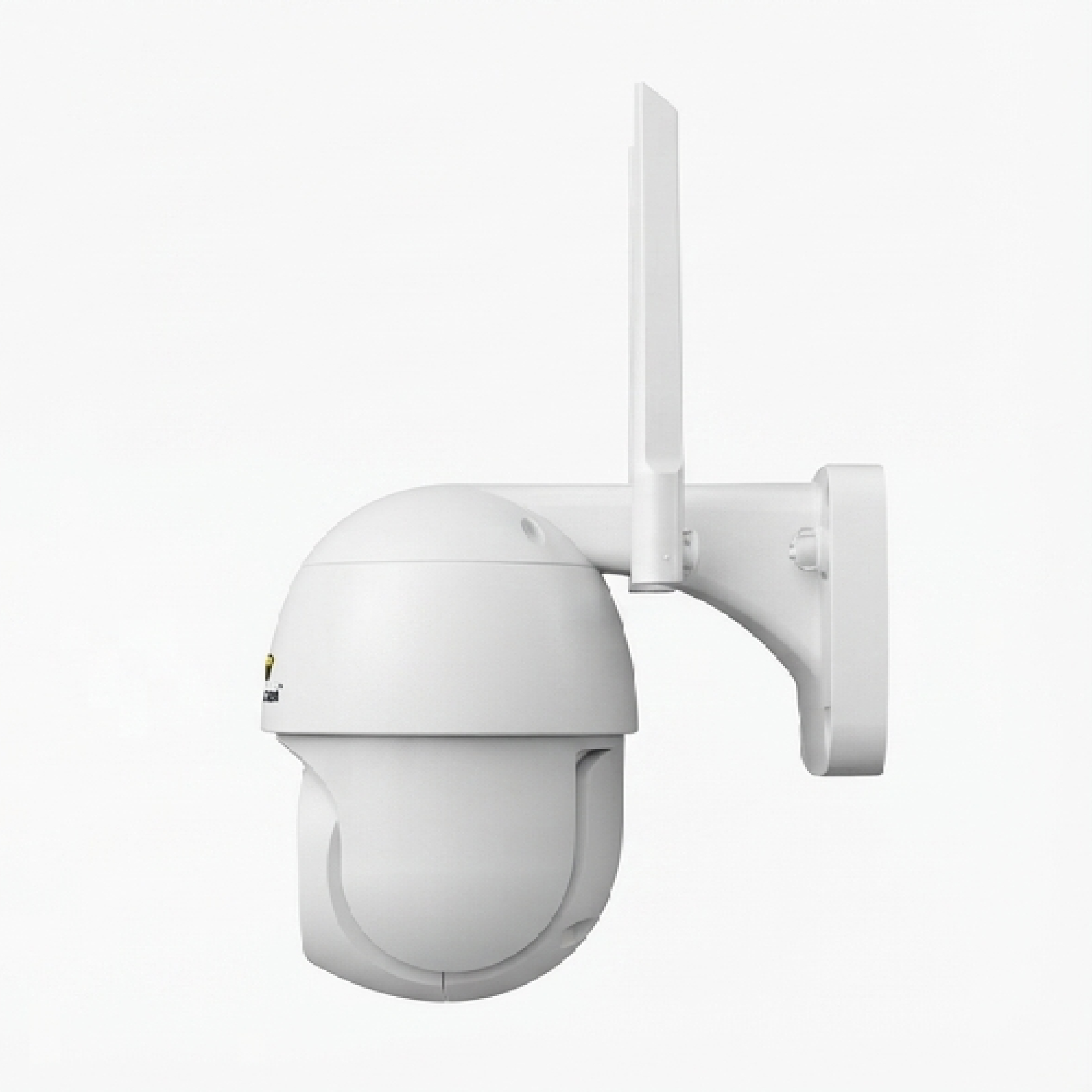 Una cámara de seguridad blanca con antena, montada en una pared blanca.