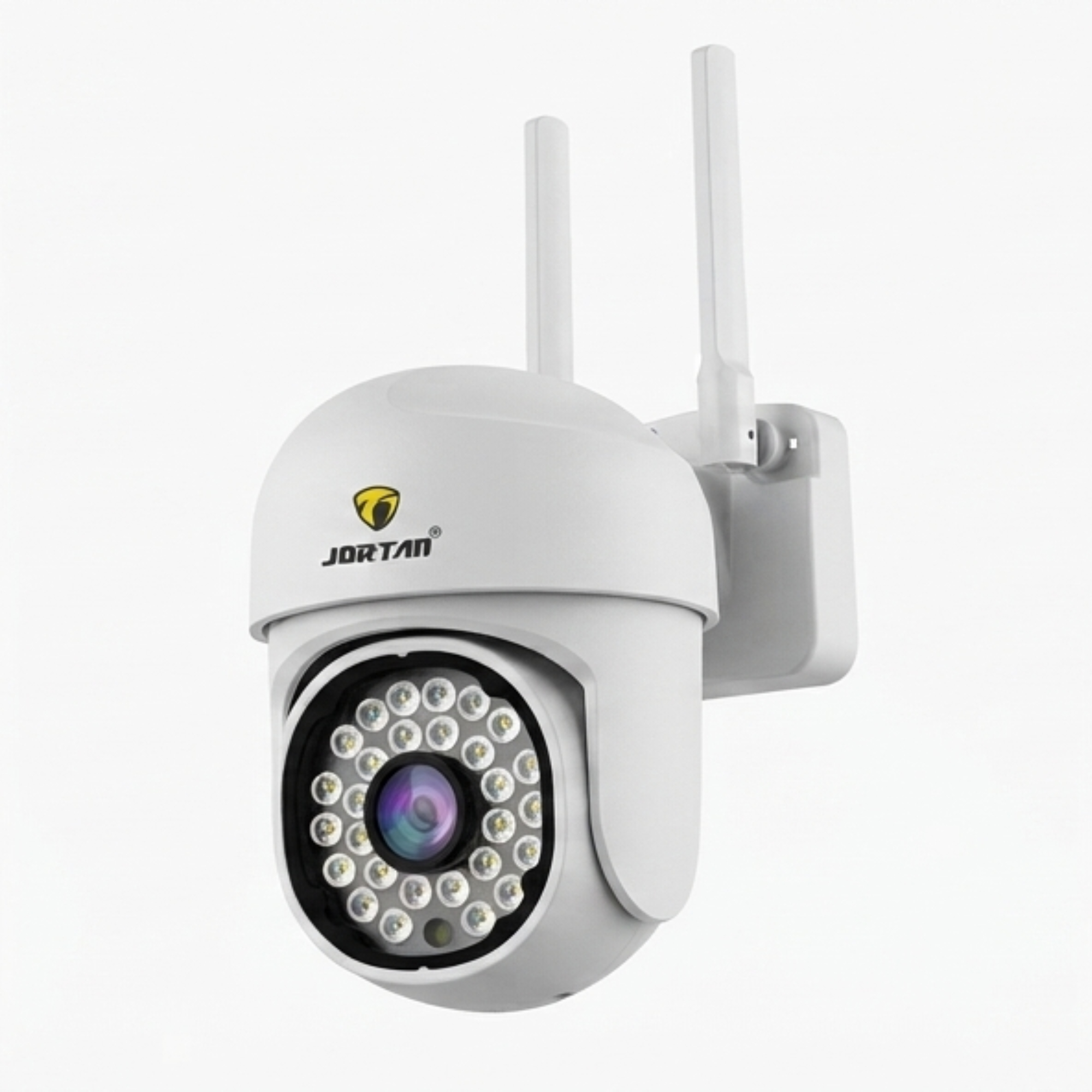 Cámara de seguridad PTZ Jortan blanca con dos antenas y anillos LED sobre fondo blanco.