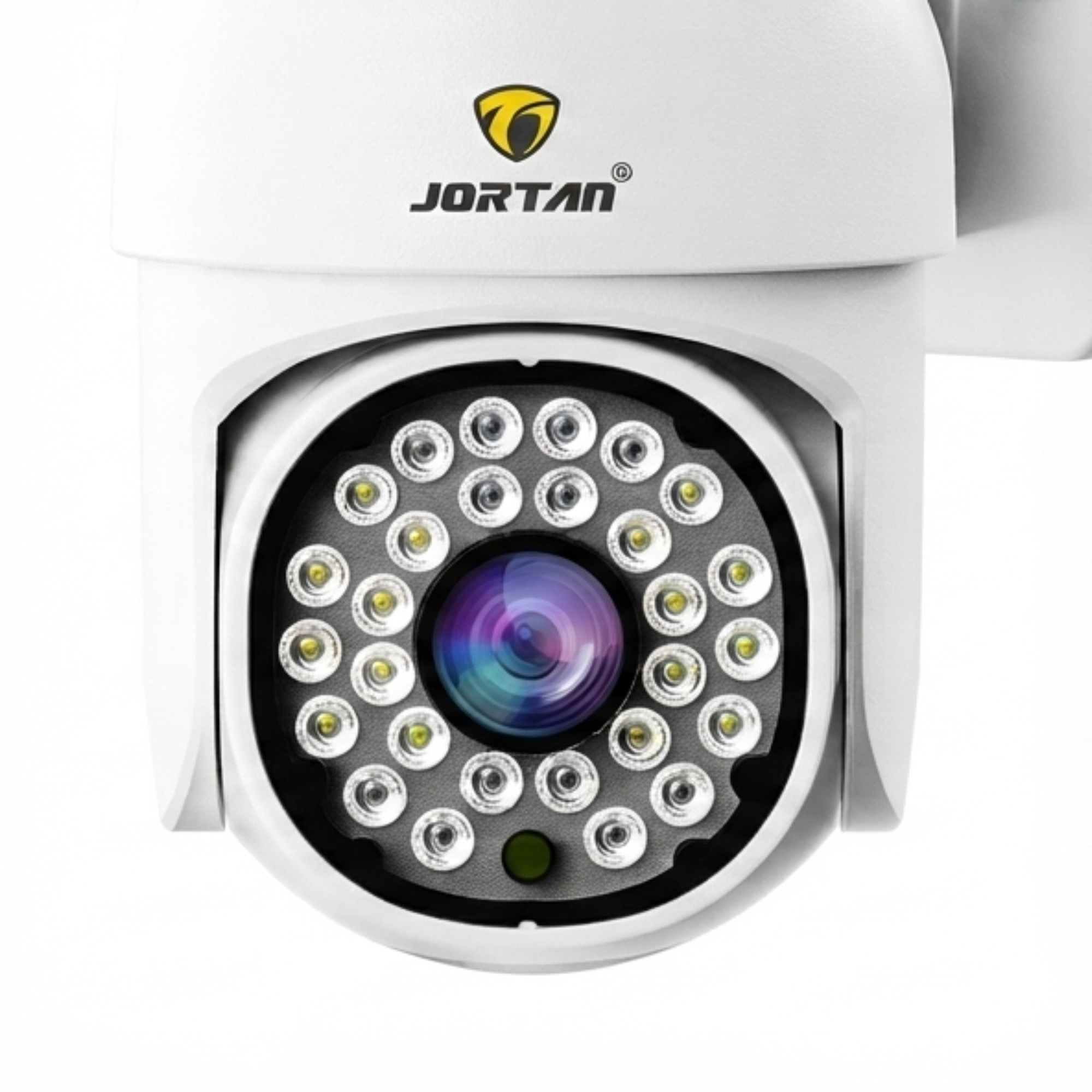 Una cámara de seguridad Jortan blanca con una lente central y muchos LED.