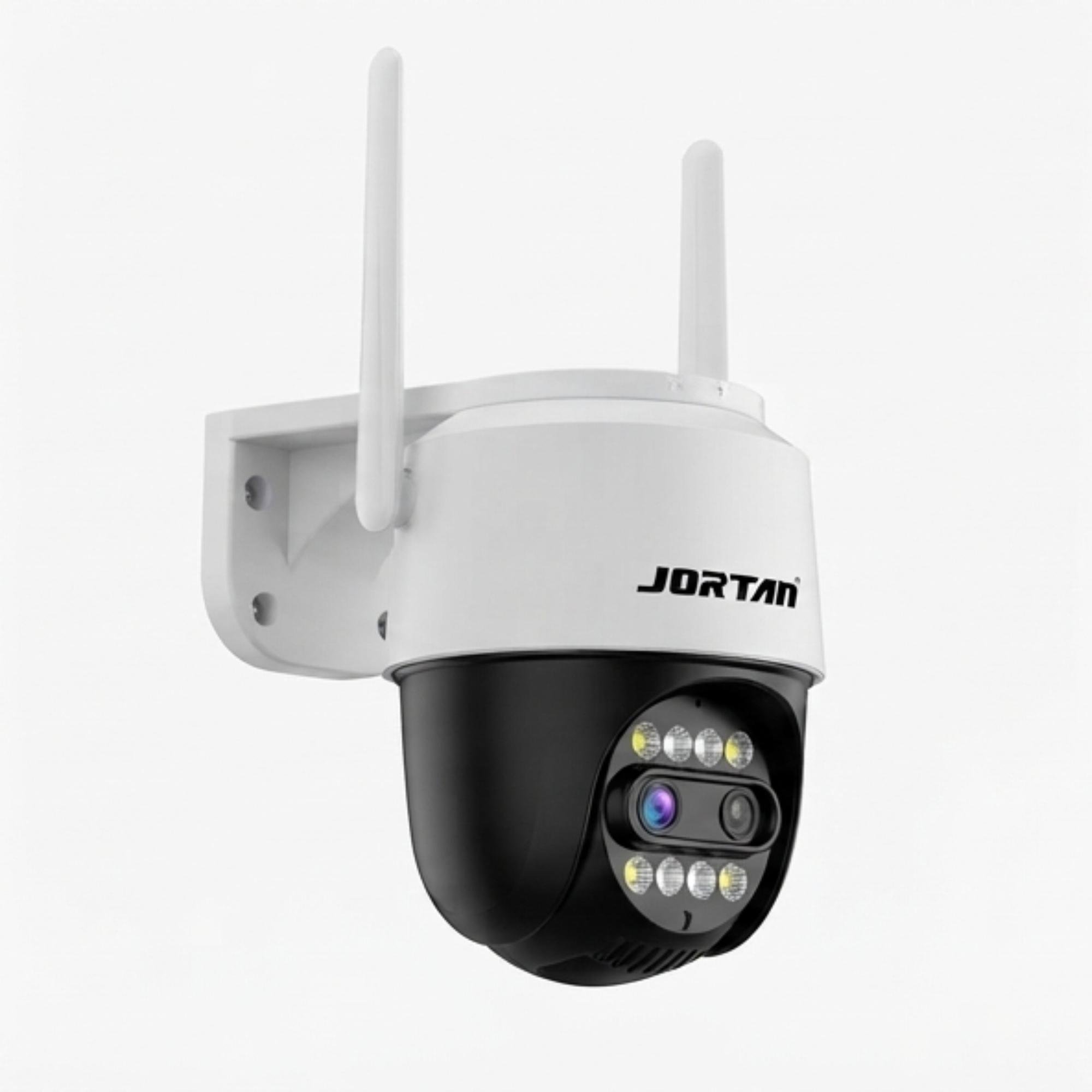 Cámara de seguridad Jortan blanca y negra con dos antenas y luces LED.