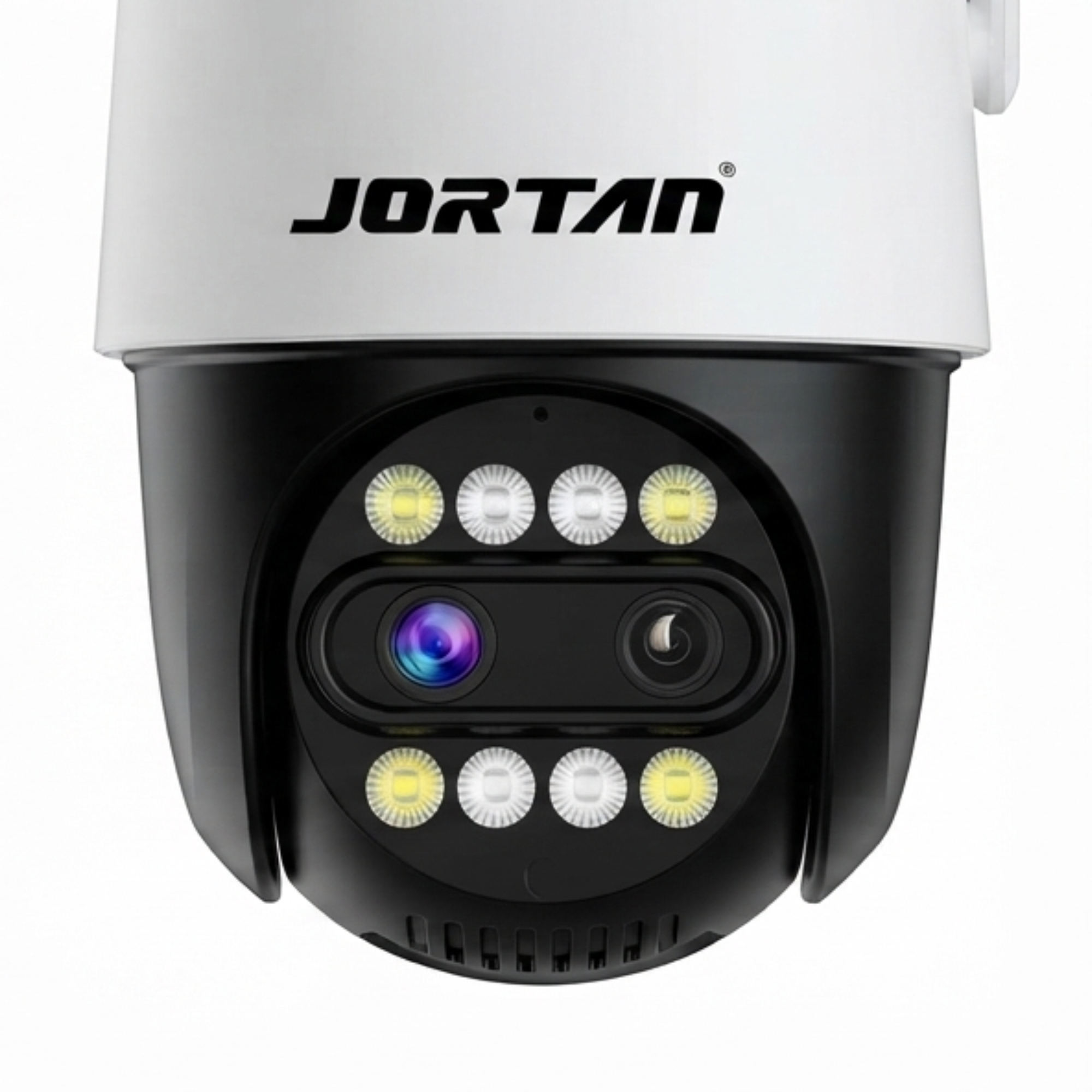 Cámara de seguridad Jortan blanca con lente negra y luces LED sobre fondo blanco.