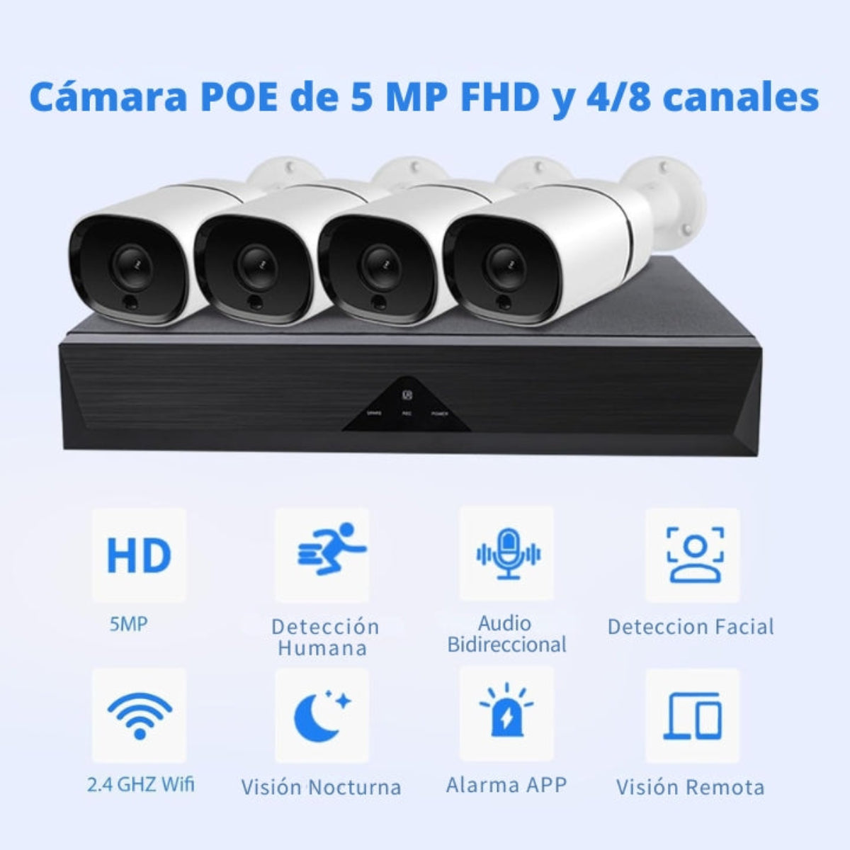 Cuatro cámaras de seguridad blancas sobre un grabador DVR con iconos de características.