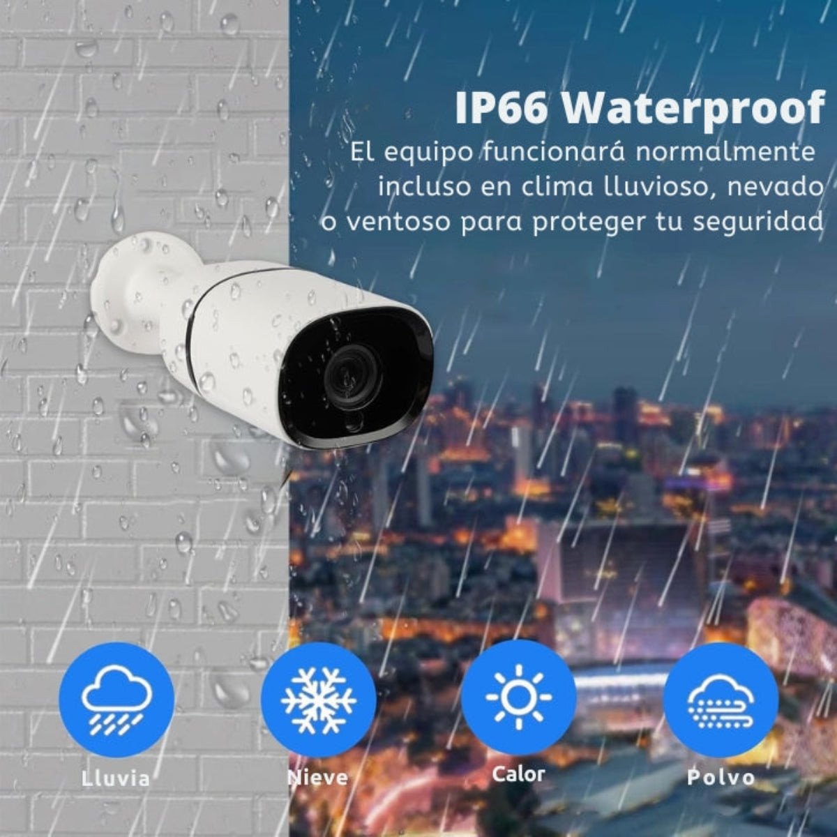 Cámara de seguridad impermeable en pared de ladrillo bajo la lluvia, con iconos del tiempo abajo.
