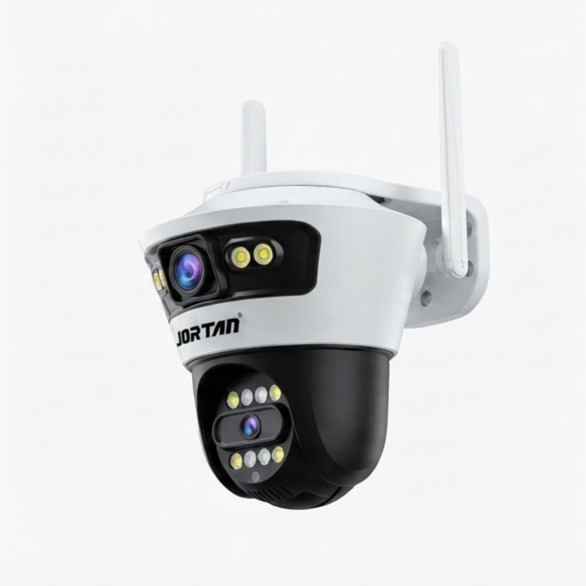 Cámara de seguridad blanca con dos antenas y LED de visión nocturna sobre fondo blanco.