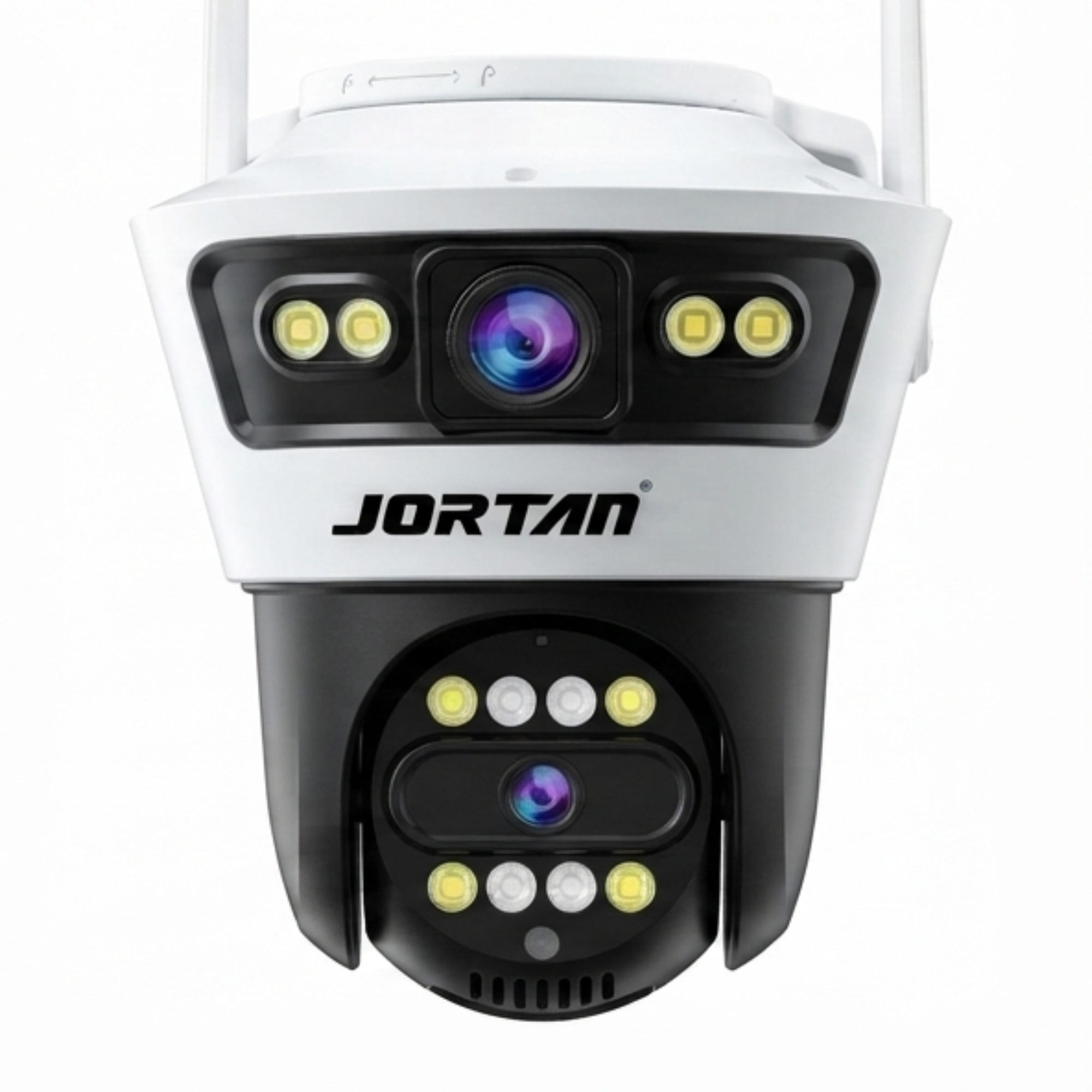 Cámara de seguridad Jortan blanca y negra con lentes duales y luces LED integradas sobre fondo blanco.