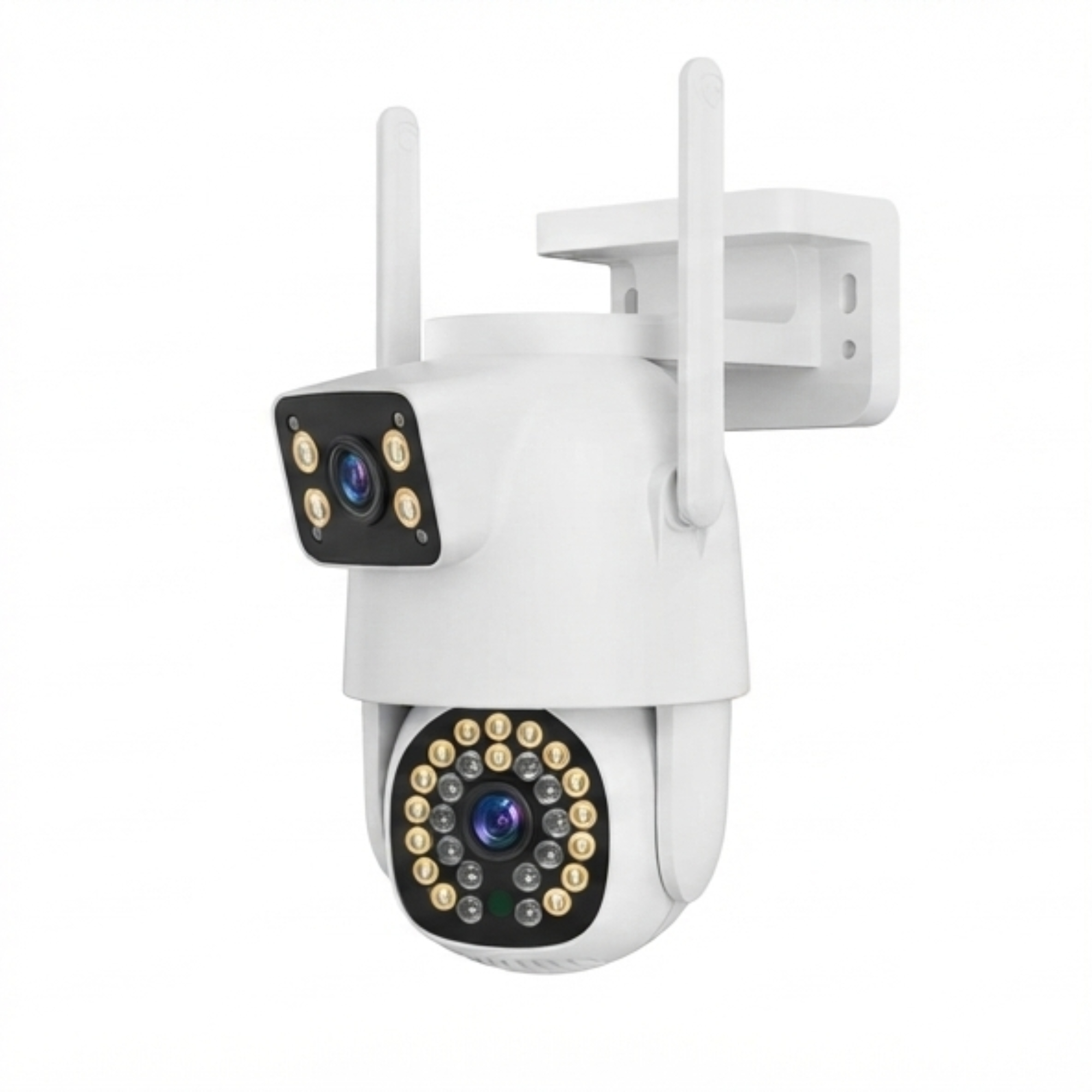 Cámara de seguridad blanca de doble lente con LED infrarrojos y dos antenas sobre fondo blanco.