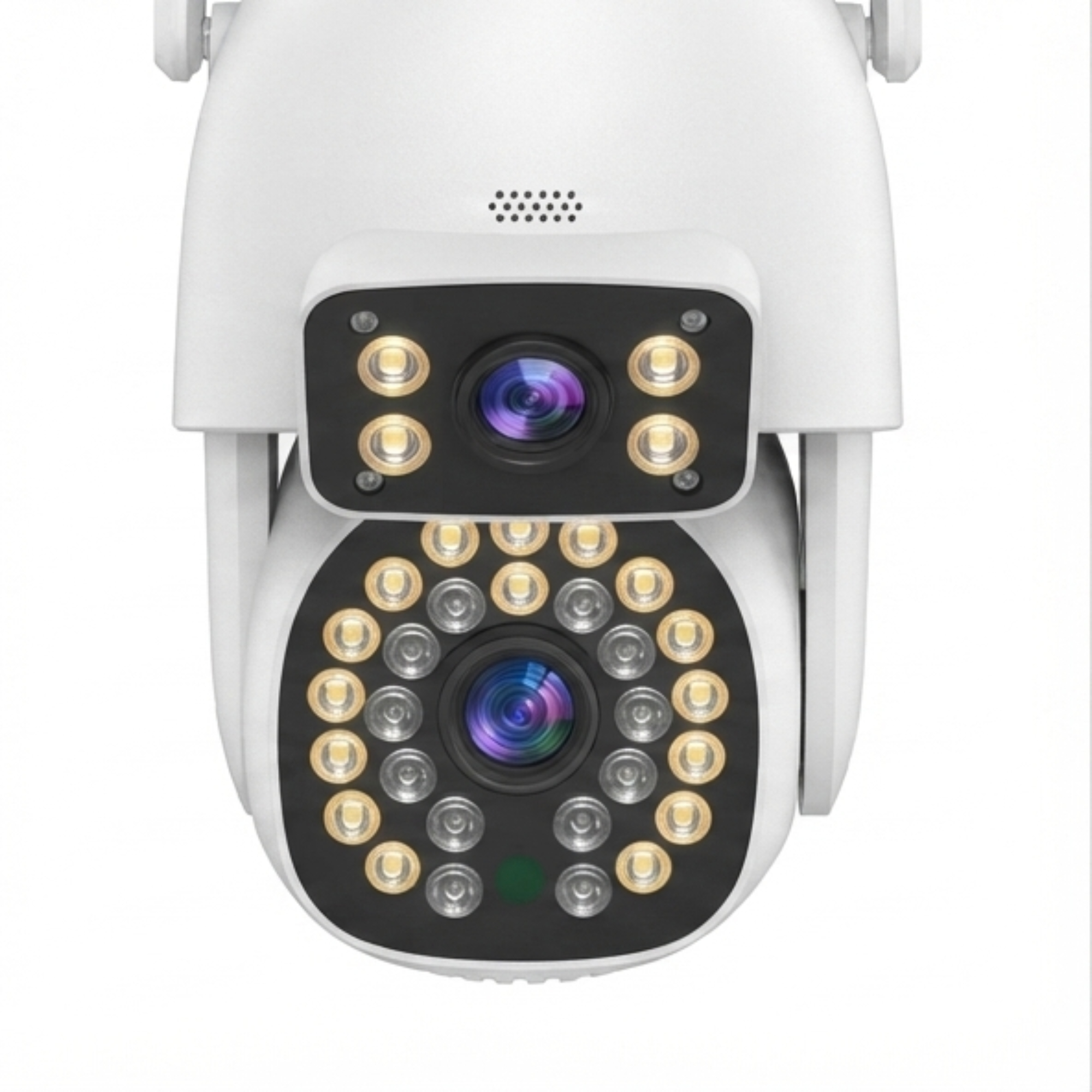 Una cámara de seguridad blanca con dos lentes y numerosos LED infrarrojos sobre fondo blanco.