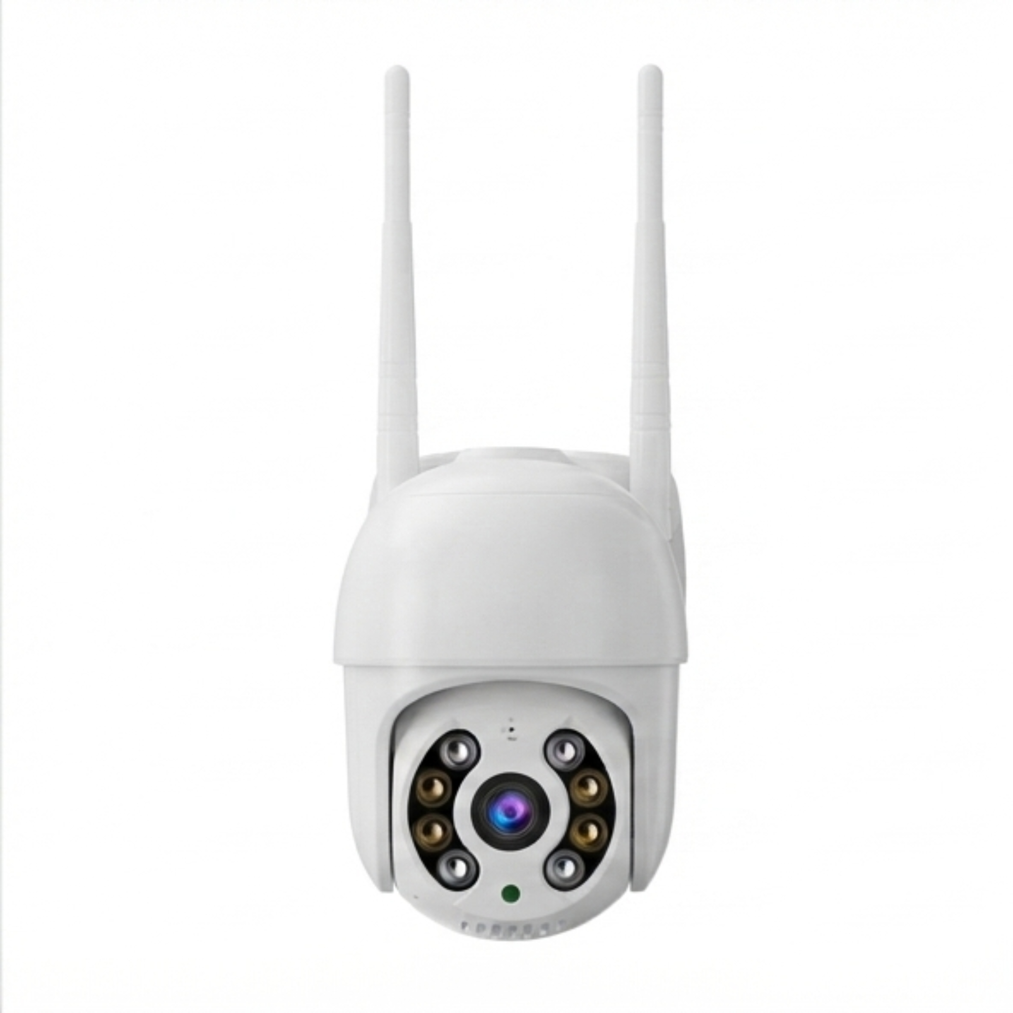 Cámara de seguridad blanca con dos antenas, lente central y luces LED alrededor sobre fondo blanco.