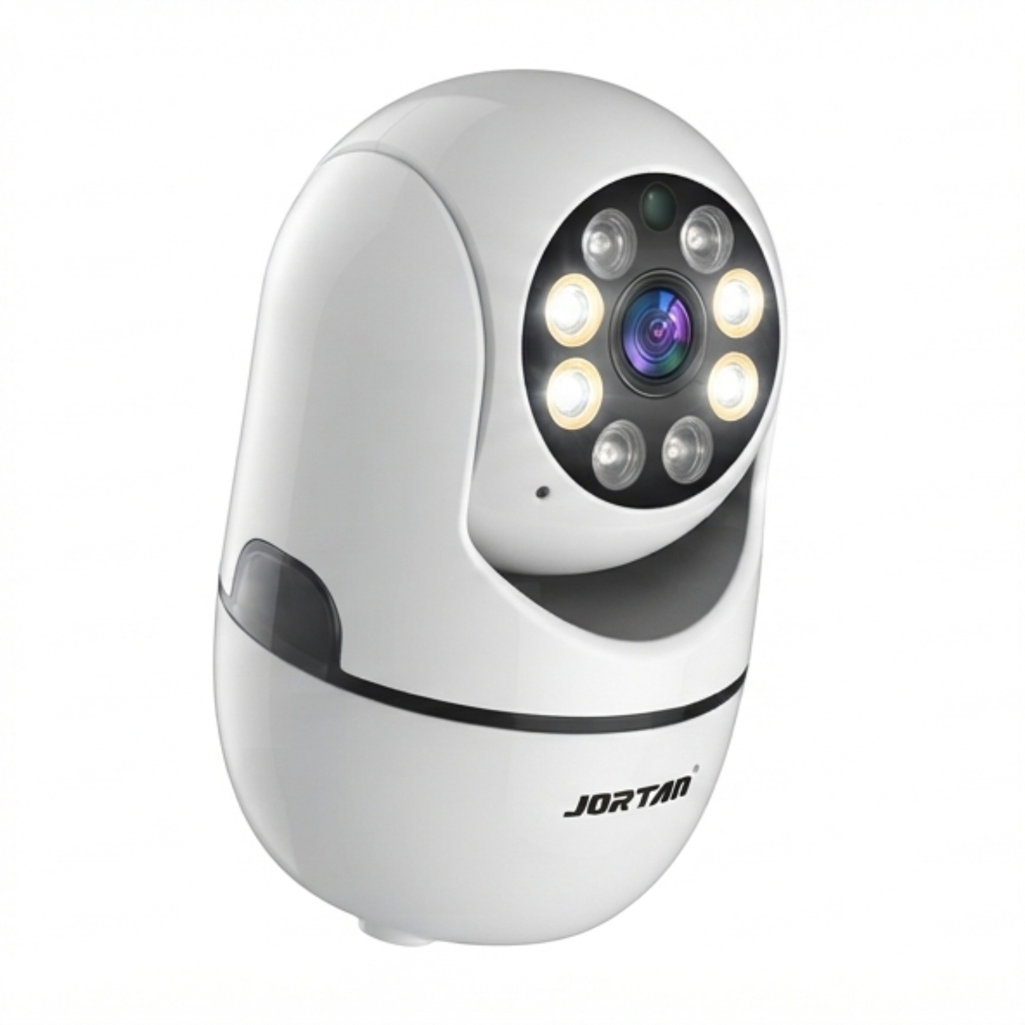 Cámara de seguridad blanca Jortan con lente central y LED en fondo blanco.