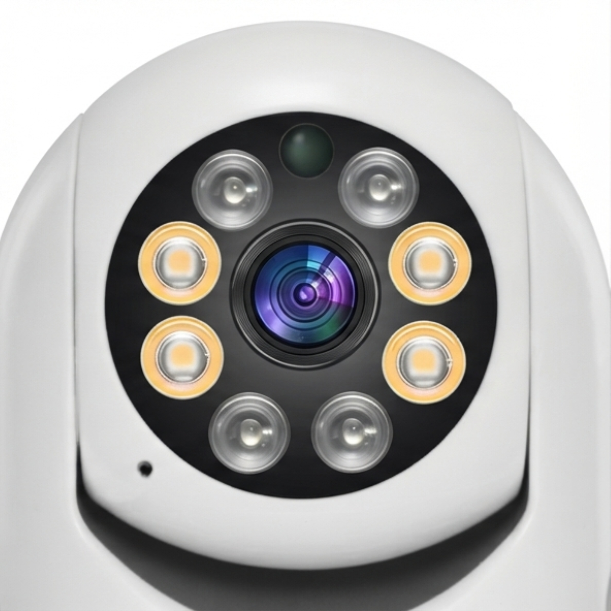 Una cámara de seguridad blanca con una lente central, rodeada de cuatro luces cálidas y cuatro lentes transparentes en un círculo negro.