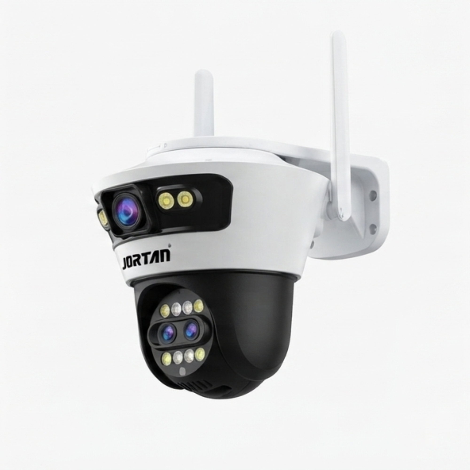 Una cámara de seguridad blanca y negra con antenas duales y luces LED sobre un fondo blanco.