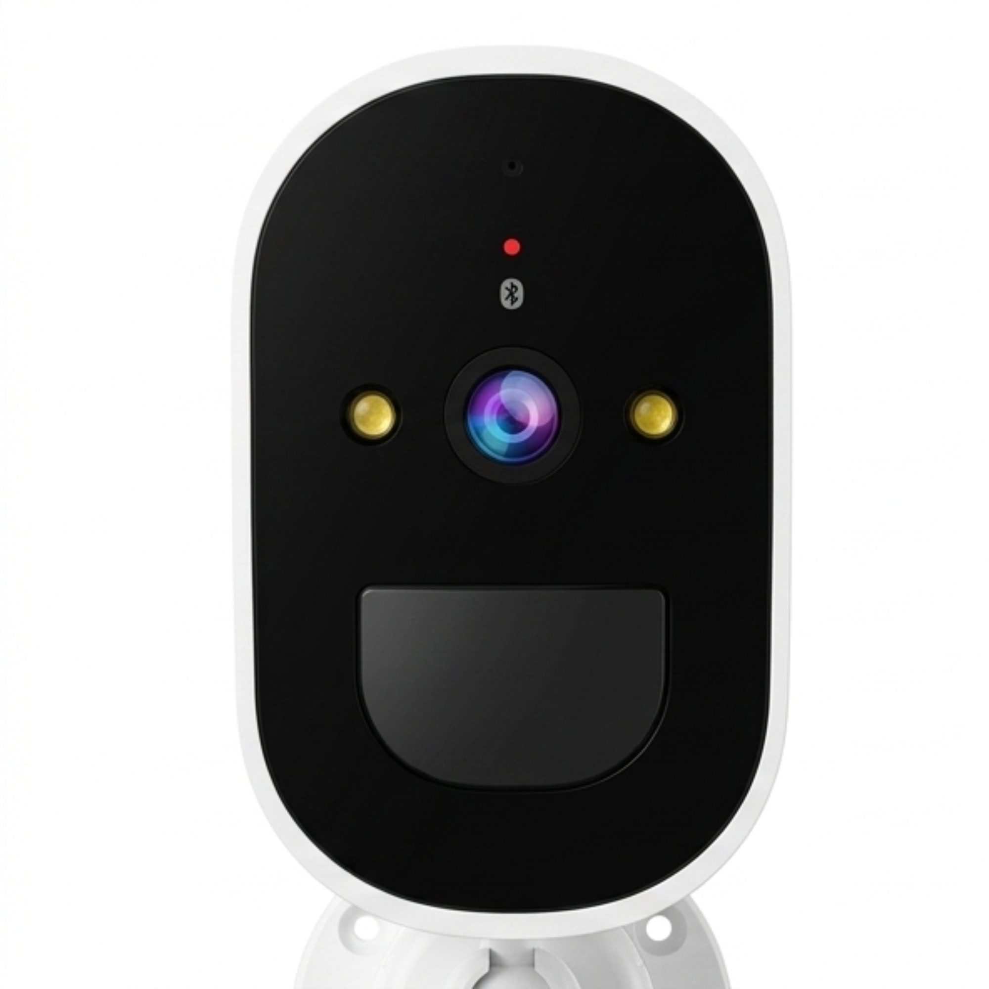 Cámara de seguridad blanca con panel frontal negro, lente, dos LED y sensor de movimiento sobre fondo blanco.