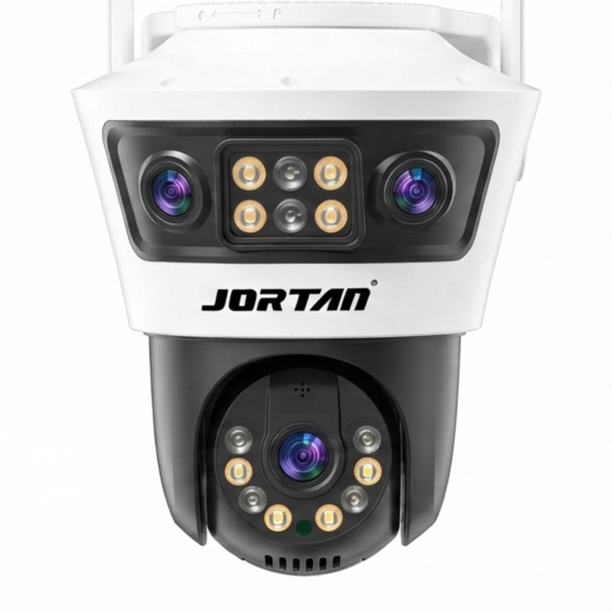 Una cámara de seguridad Jortan blanca y negra con múltiples lentes y luces LED sobre fondo blanco.