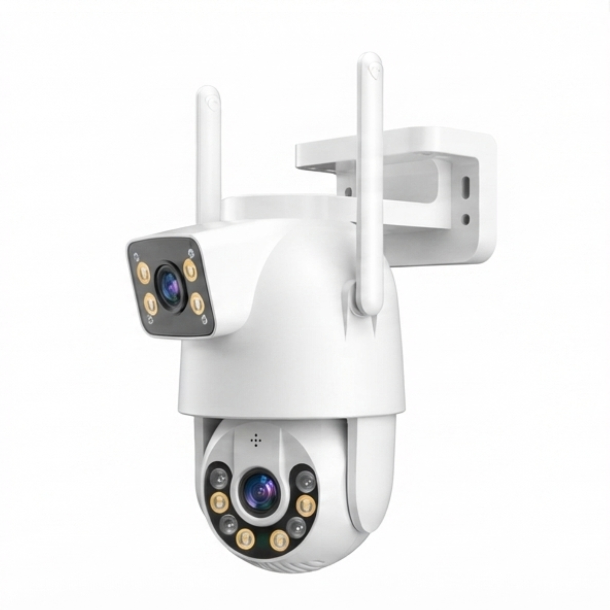 Una cámara de seguridad PTZ blanca con antenas dobles y lentes dobles sobre fondo blanco.