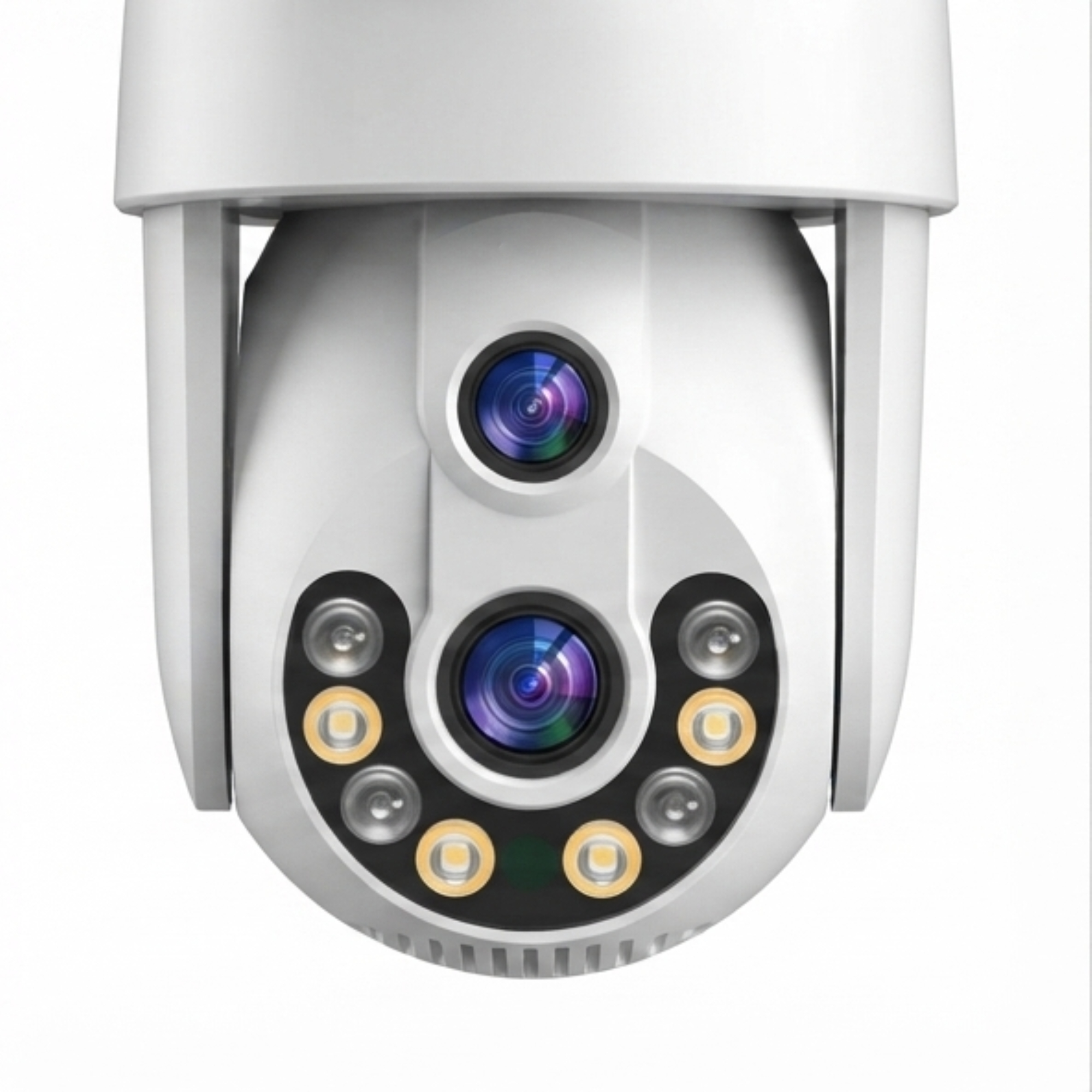 Una cámara de seguridad PTZ blanca con dos lentes y luces LED circundantes sobre fondo blanco.