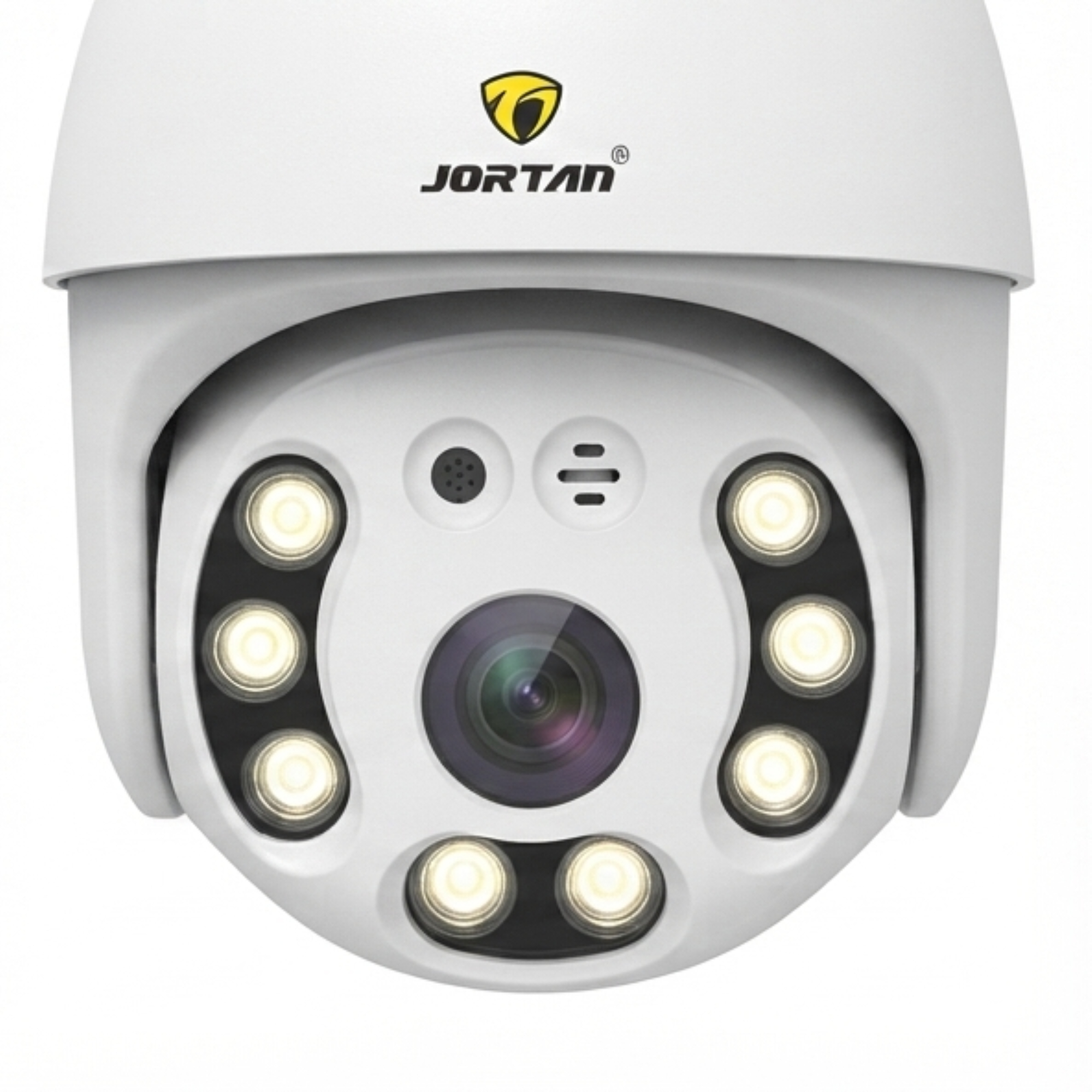 Cámara de seguridad blanca Jortan con lente central, LEDs, micrófono y altavoz.