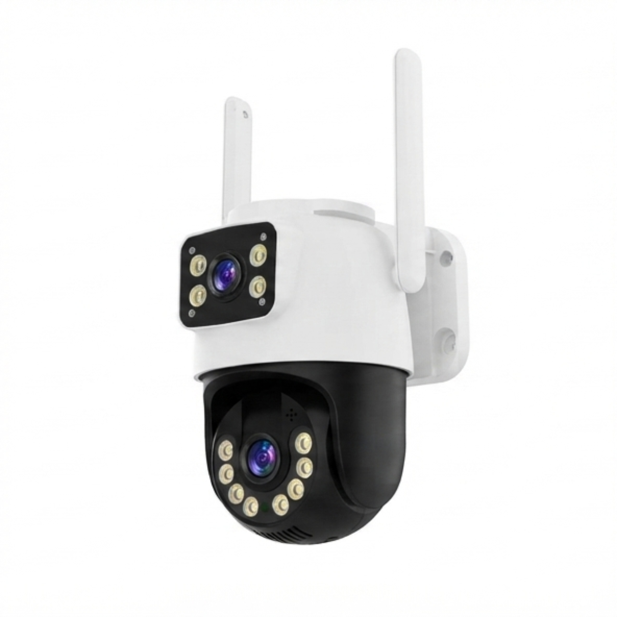 Una cámara de seguridad blanca y negra con dos antenas y luces LED sobre un fondo blanco.