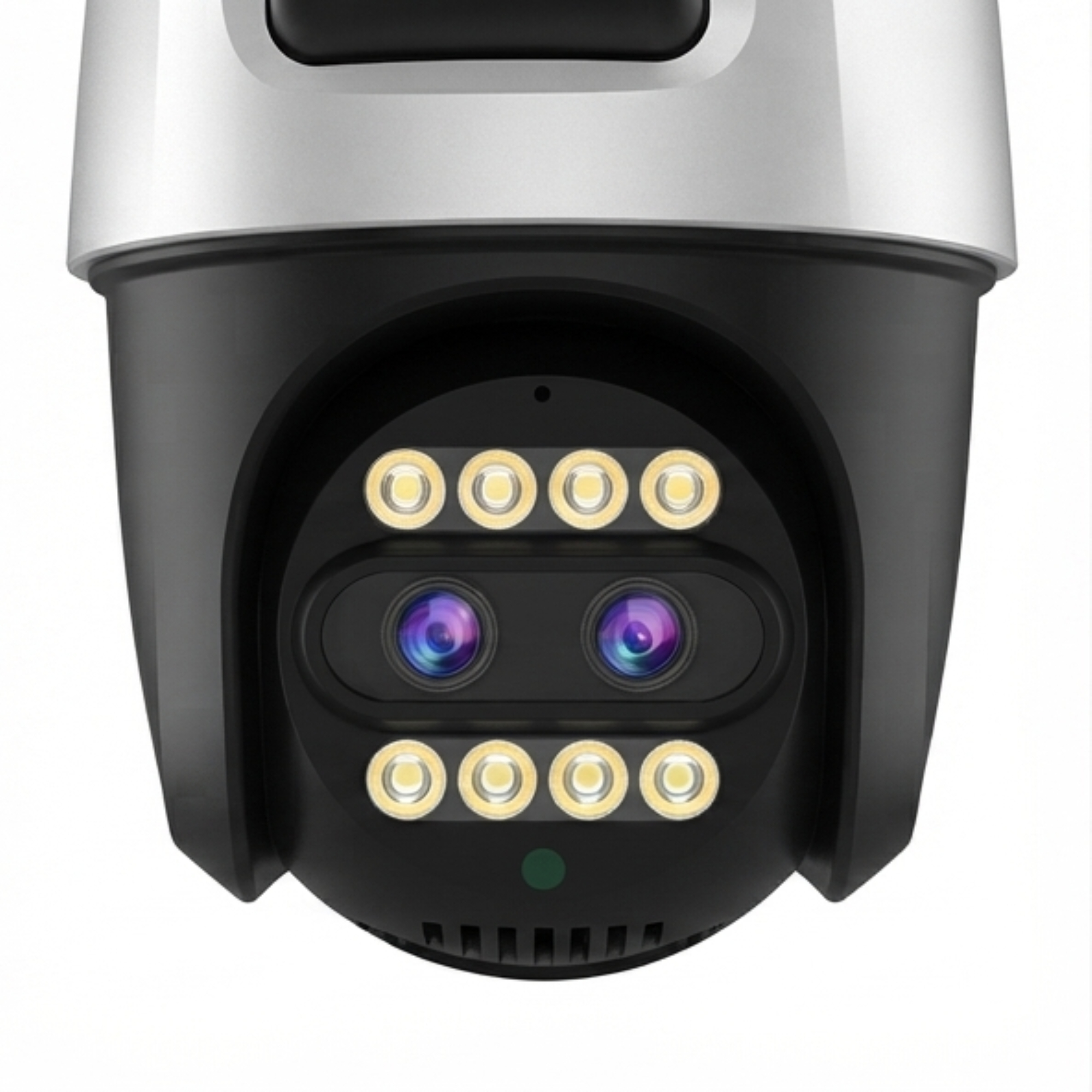 Cámara de seguridad con dos lentes y luces LED.