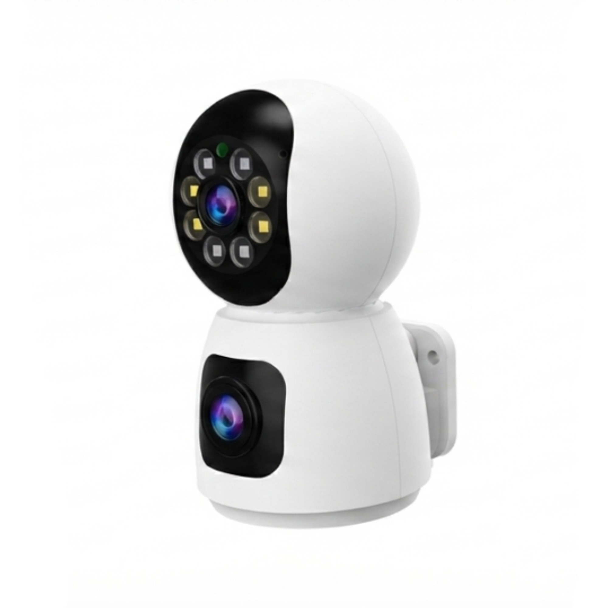 Cámara de seguridad blanca con dos lentes y LEDs sobre fondo blanco.