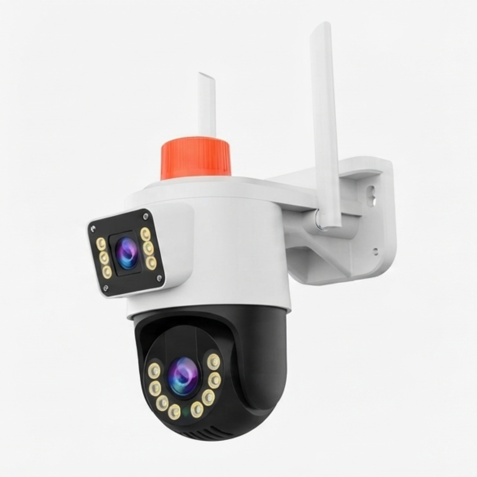 Cámara de seguridad blanca con dos lentes, antenas duales y tapa roja, sobre fondo blanco.