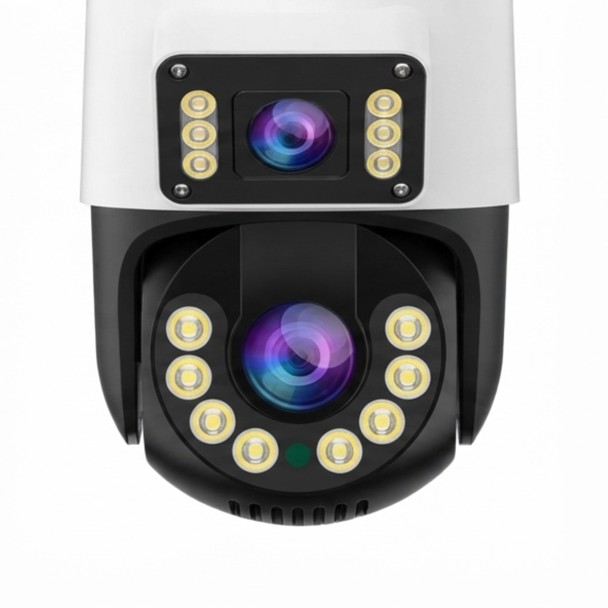Cámara de seguridad blanca y negra con dos lentes rodeadas de luces LED circulares.