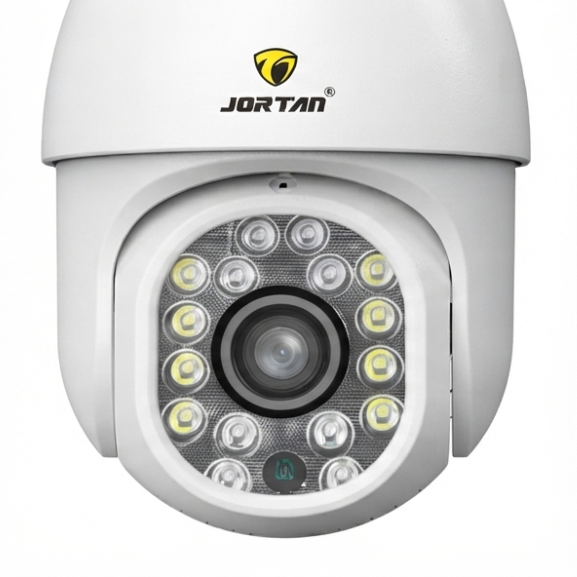Una cámara de seguridad Jortan blanca con una lente central rodeada de luces LED sobre fondo liso.