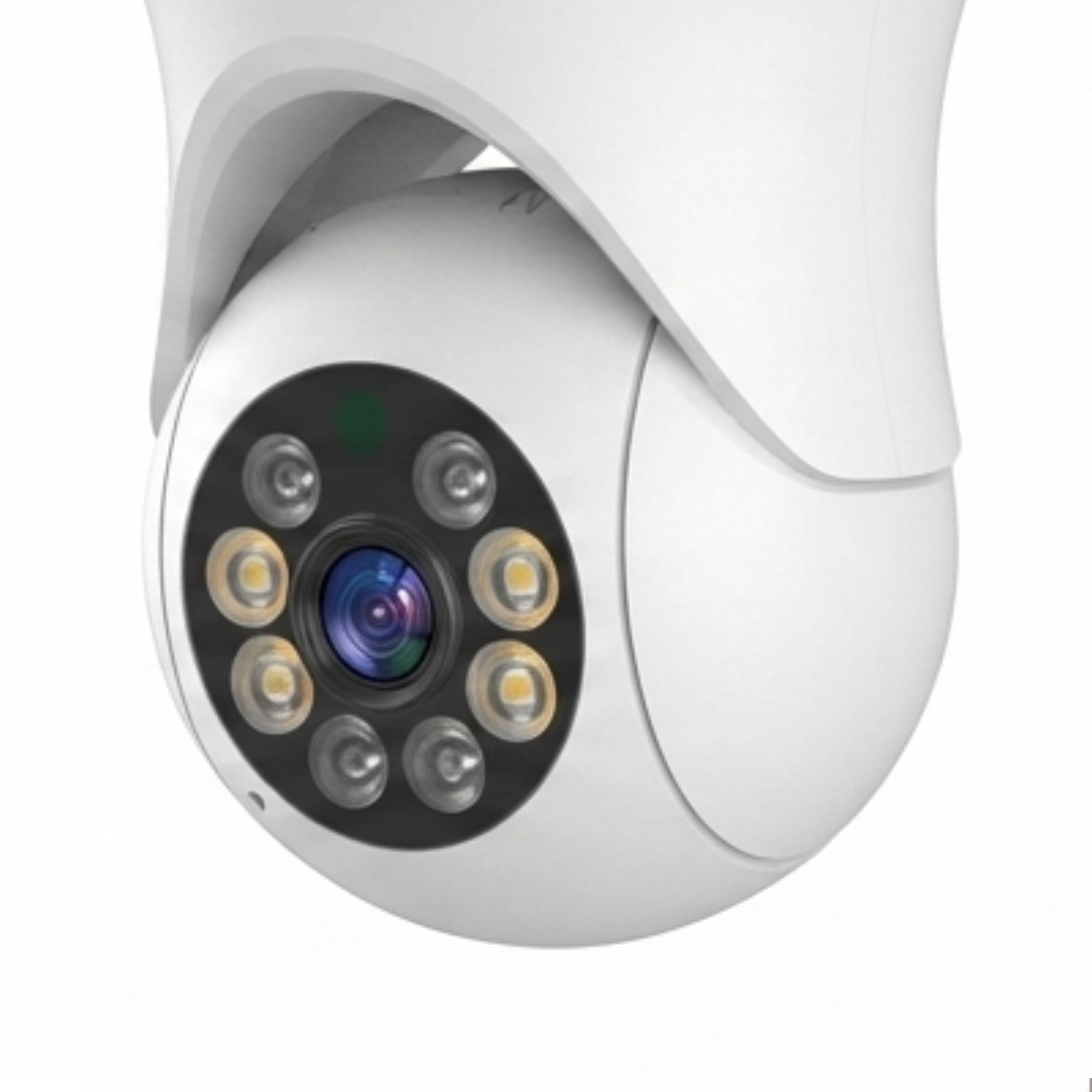 Una cámara de seguridad blanca con múltiples LED alrededor de la lente central sobre un fondo blanco.