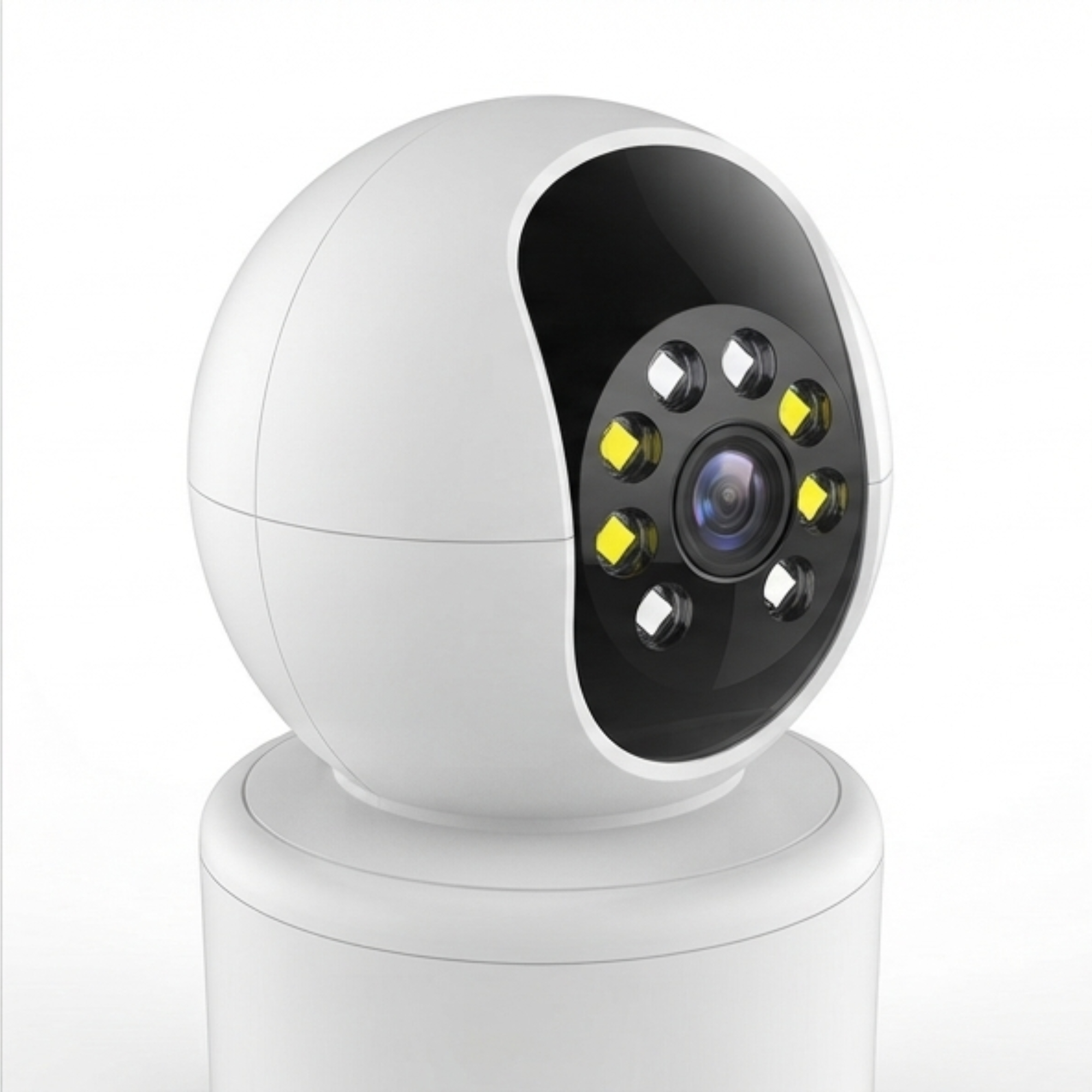 Una cámara de seguridad blanca con lente central y luces LED alrededor sobre fondo blanco.