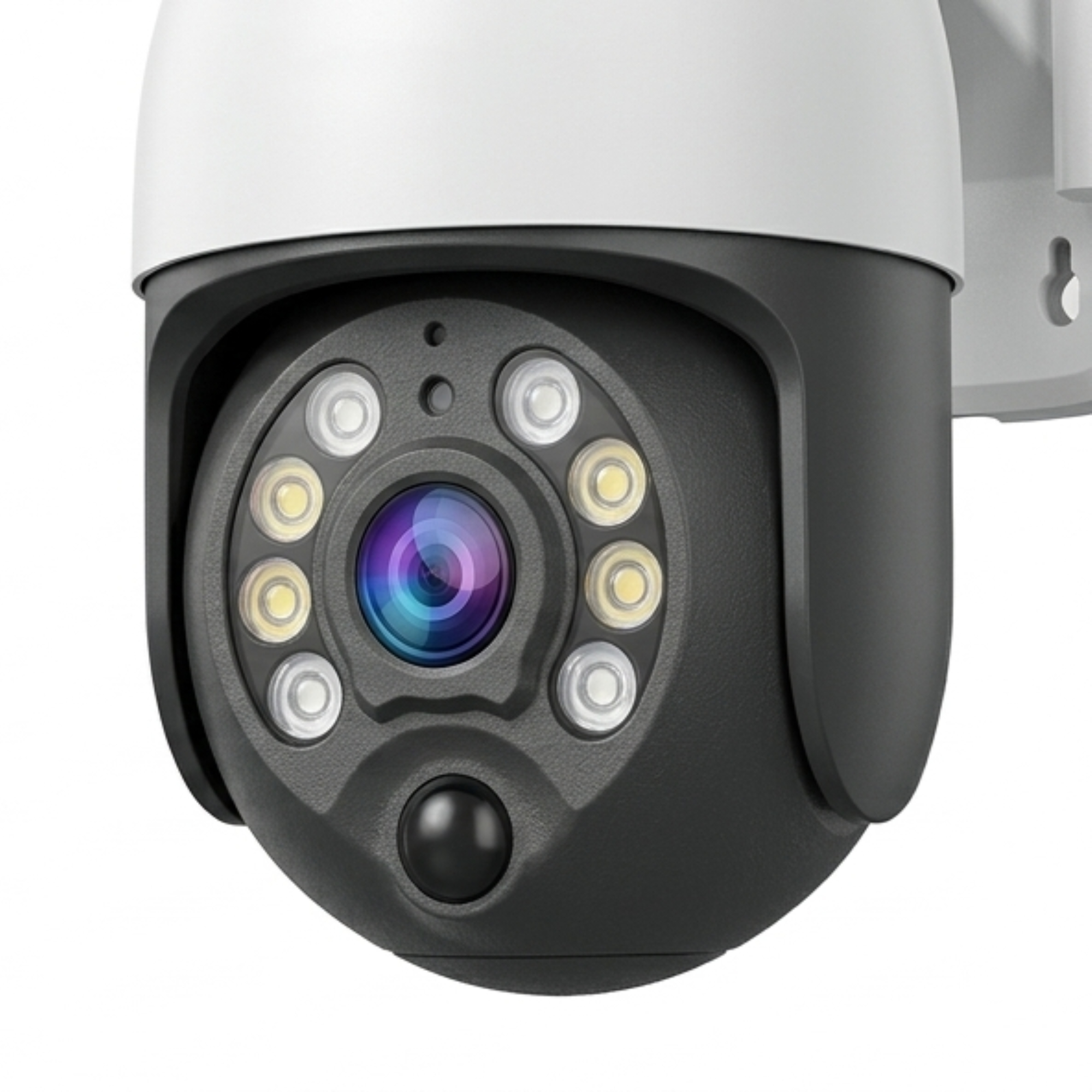 Cámara de seguridad blanca y negra con lente y LEDs.