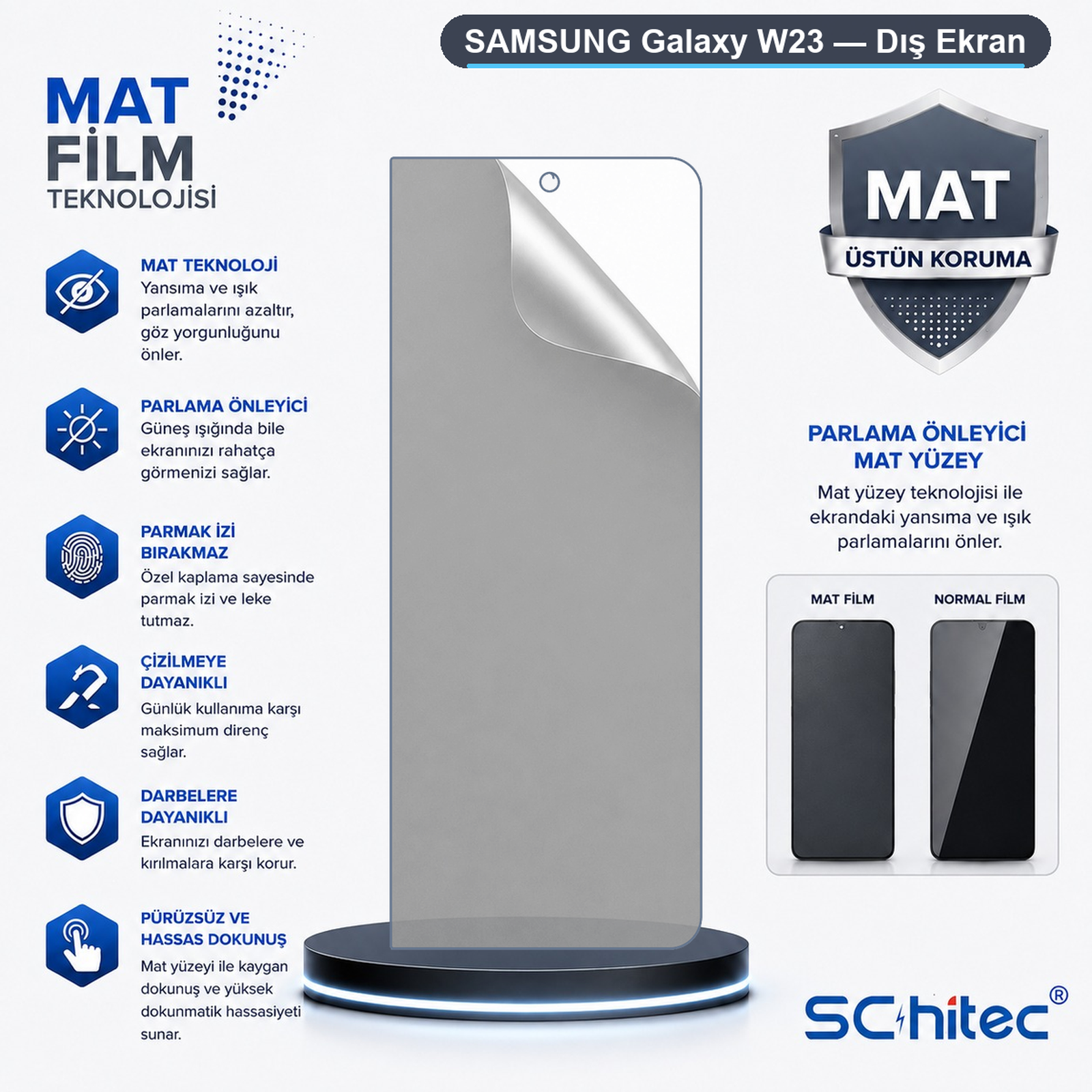 Parlama önleyici ve çizilmeye dayanıklı özelliklere sahip mat Samsung Galaxy W23 ekran koruyucu reklamı.