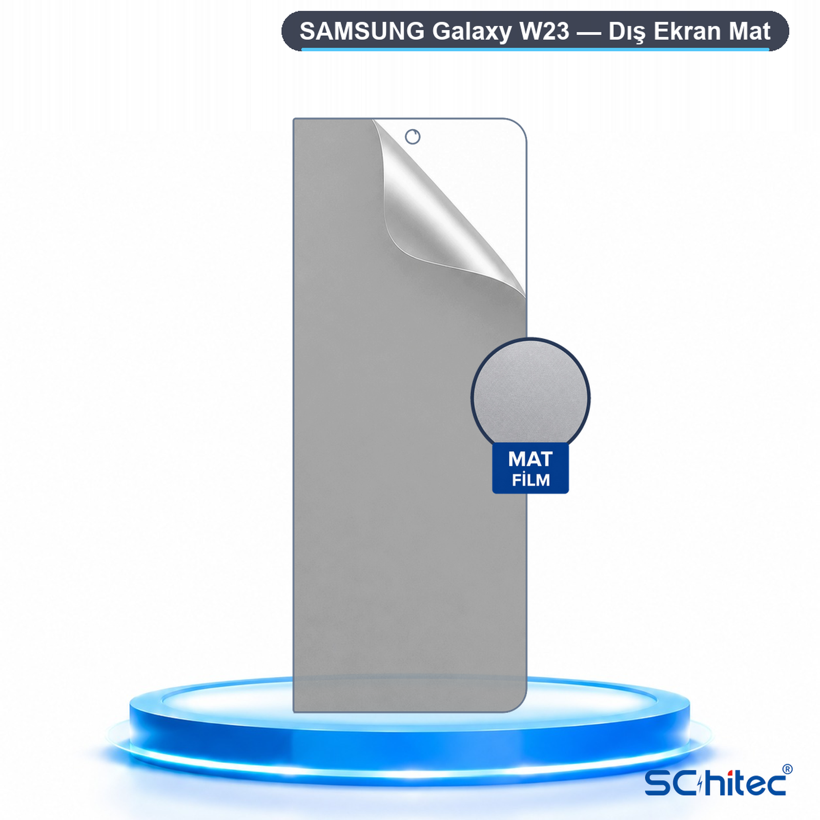 Samsung Galaxy W23 için mat ekran koruyucu, mavi ışıklı bir podyum üzerinde duruyor.