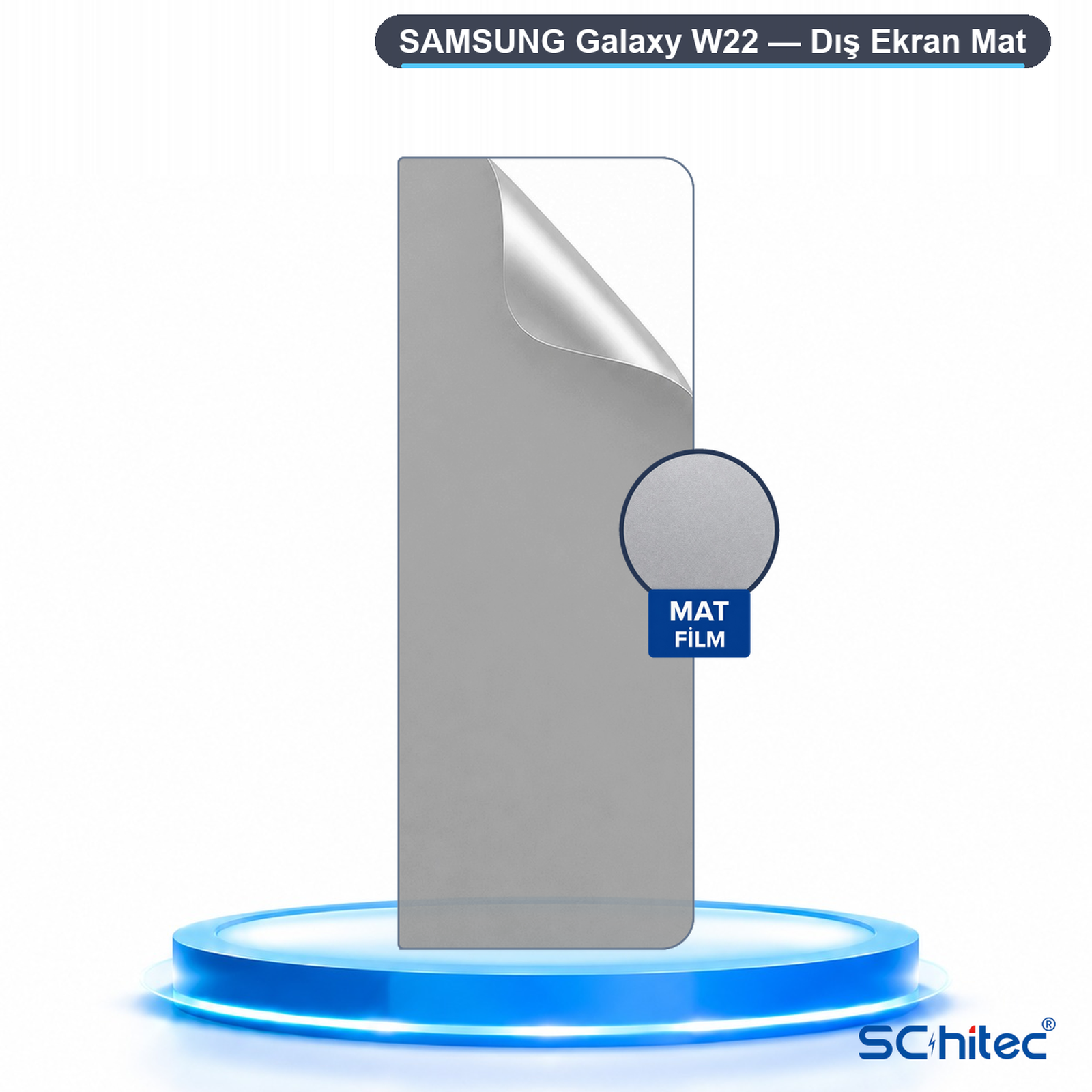 Mavi bir podyum üzerinde Samsung Galaxy W22 için mat ekran koruyucu film.