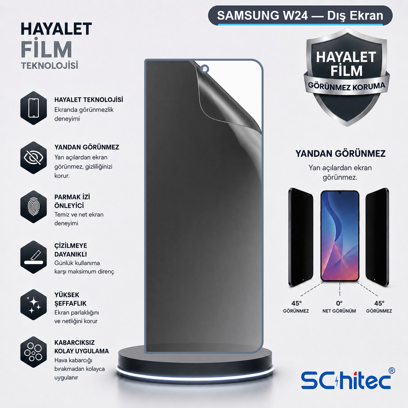 Samsung W24 hayalet ekran koruyucu özellikleri ve görselleri.