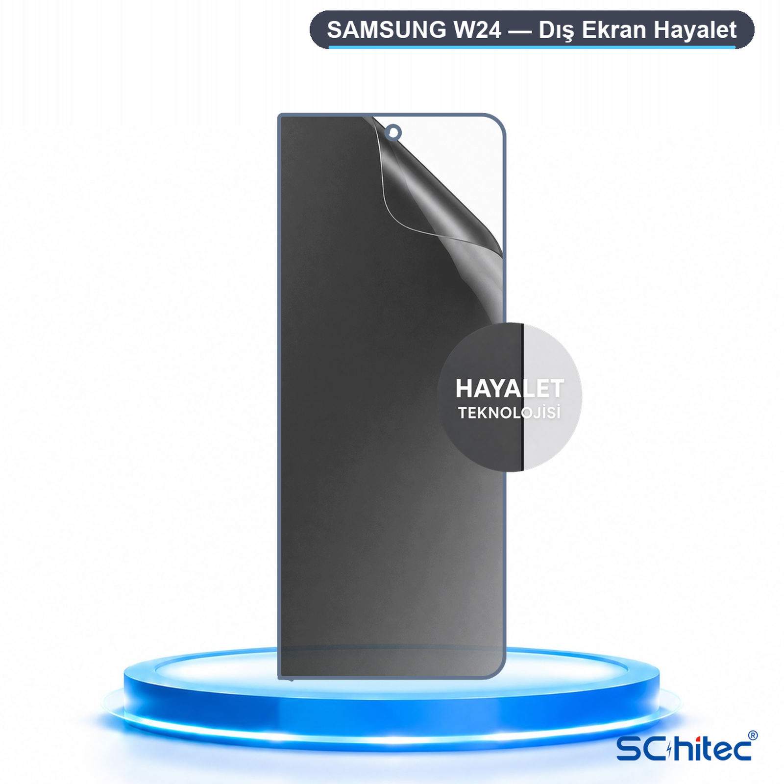 Mavi yanan yuvarlak bir podyum üzerinde siyah Samsung W24 ekran koruyucu.