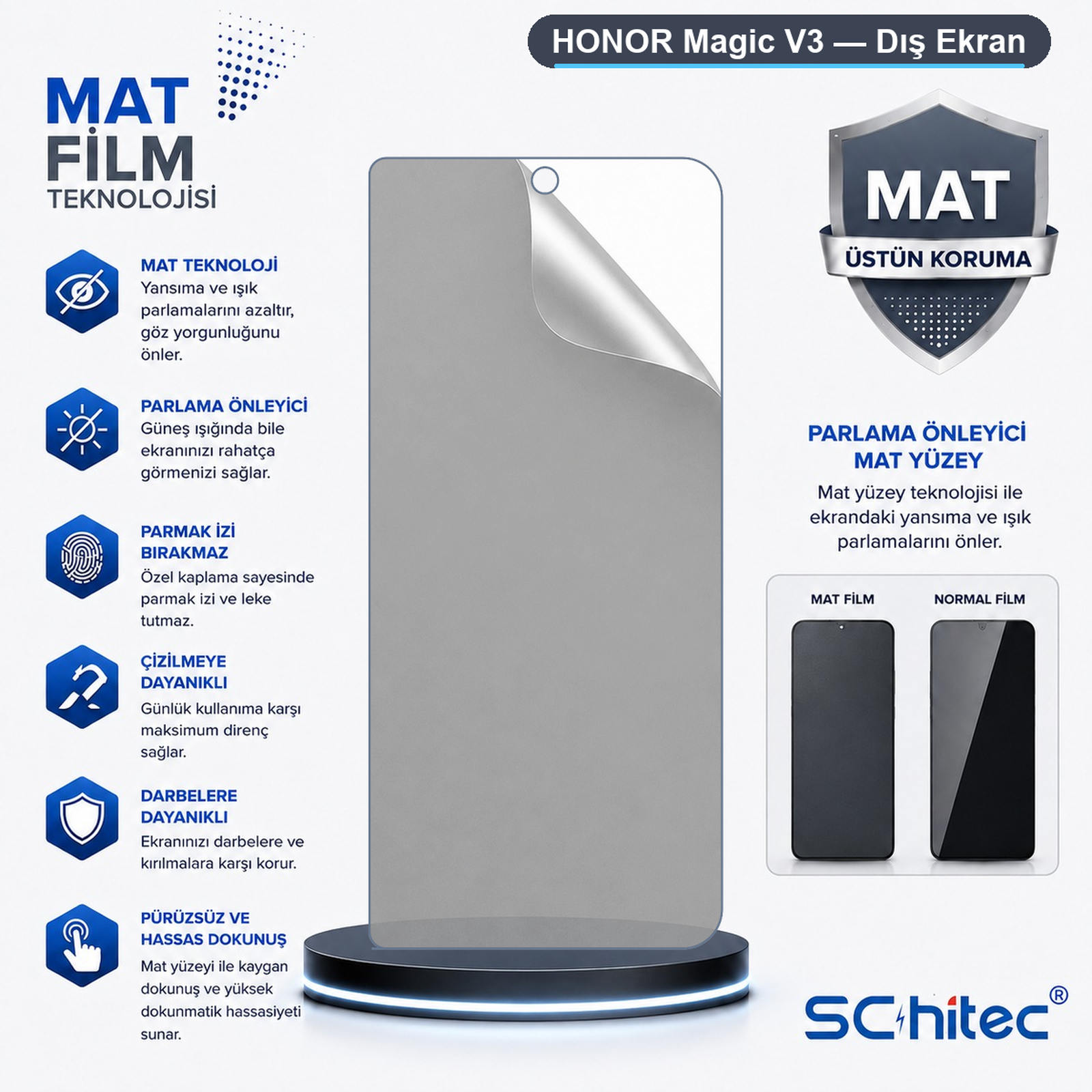Özellik simgeleri ve karşılaştırmayla Honor Magic V3 mat ekran koruyucu reklamı.