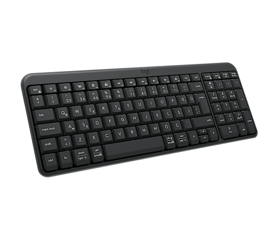 Siyah arka plan onunde acili bir sekilde duran sayi tus takimina sahip siyah bir Logitech kablosuz klavye.