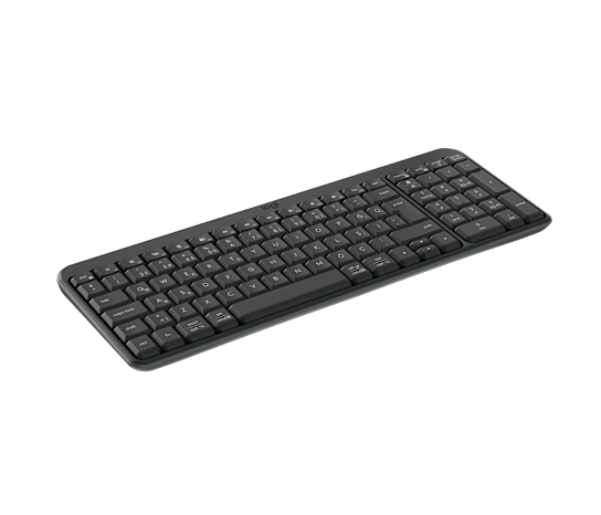 Karanlık arka planda yuvarlatılmış tuşlara sahip, üstten görünen siyah Logitech klavye.