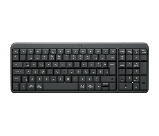 Koyu arka planda sayı tuş takımlı siyah kablosuz Logitech klavye.