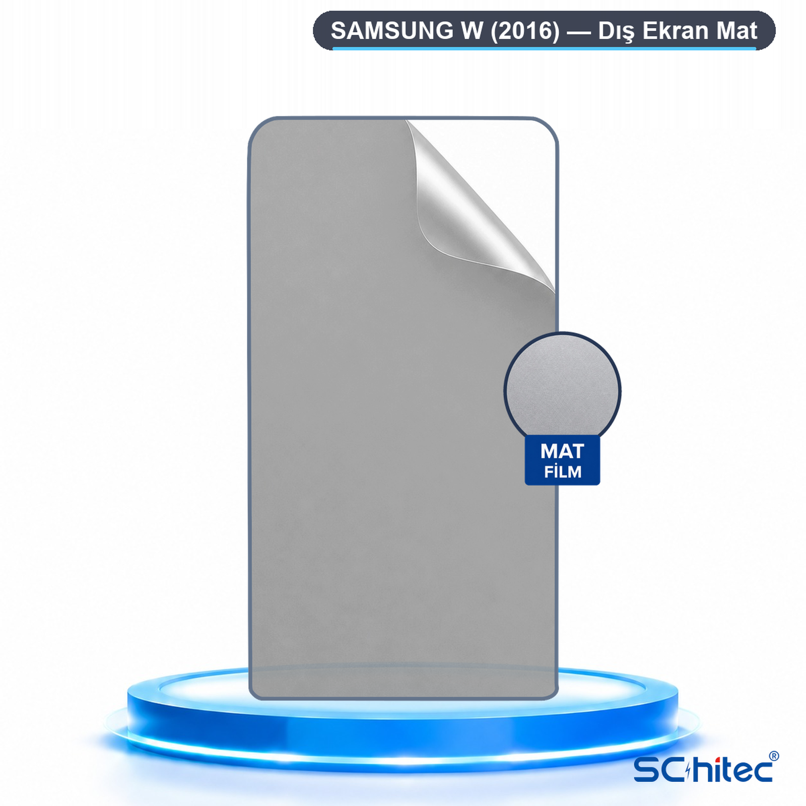 Samsung W 2016 için mat ekran koruyucu, mavi parlayan bir podyum üzerinde duruyor.