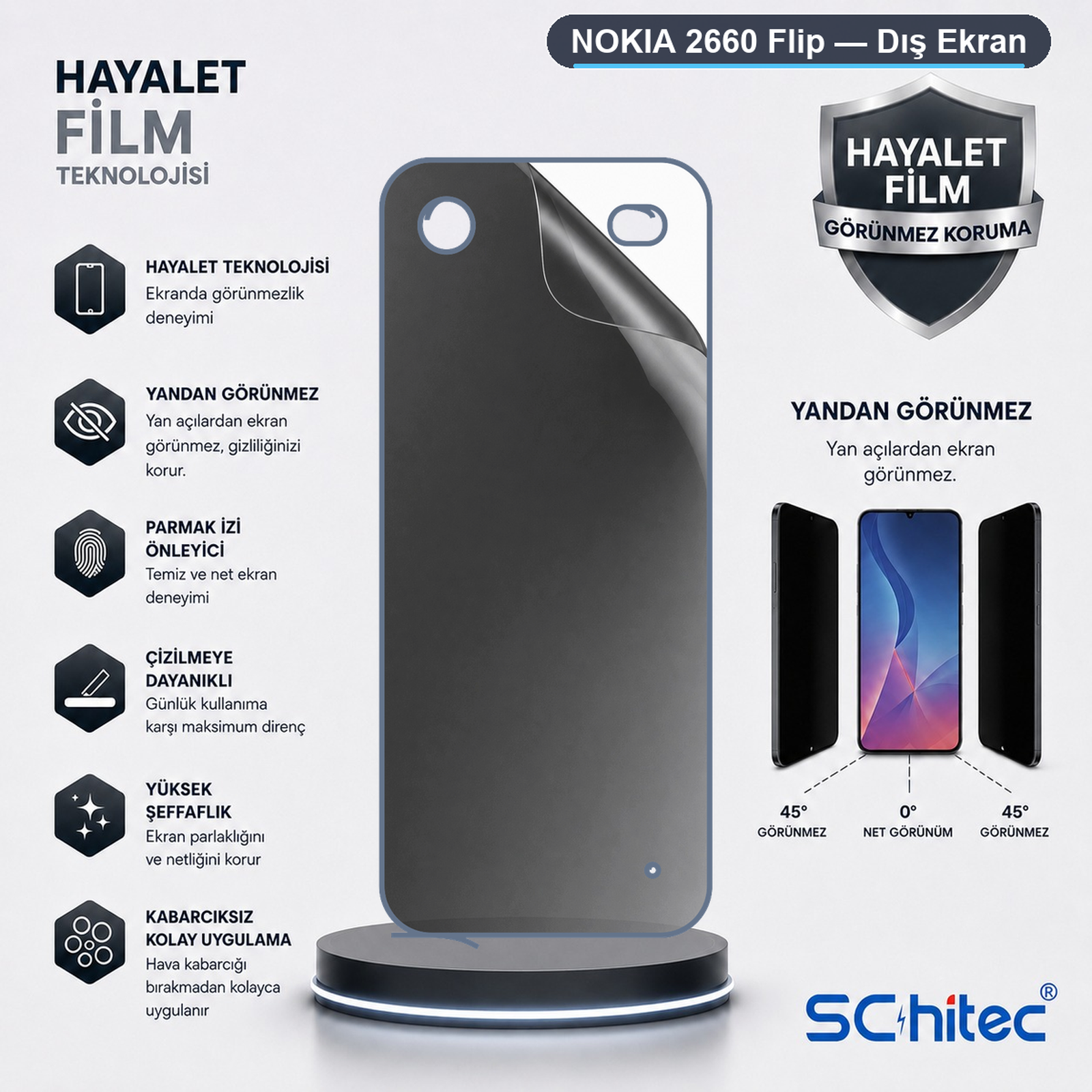 Nokia 2660 Flip hayalet ekran koruyucu özellikleri ve açılı görselleri.
