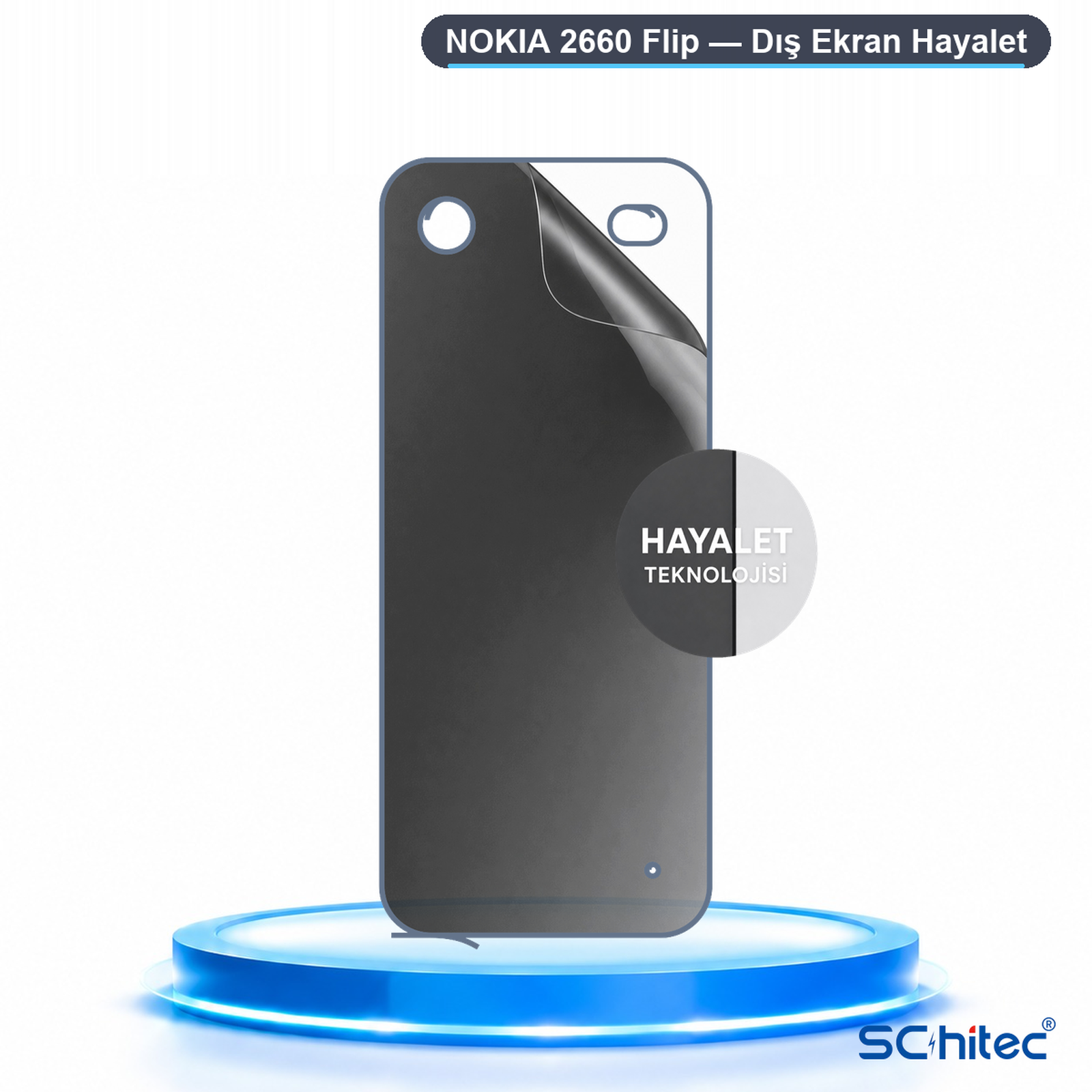 Mavi bir kaide üzerinde Nokia 2660 Flip ekran koruyucu film.