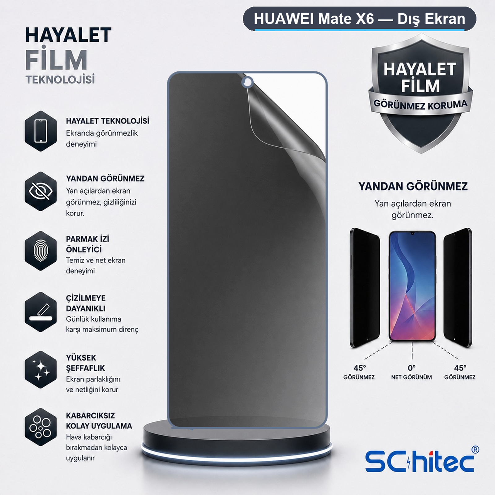 Huawei Mate X6 hayalet ekran koruyucu reklamı ve özelliklerinin gösterimi.