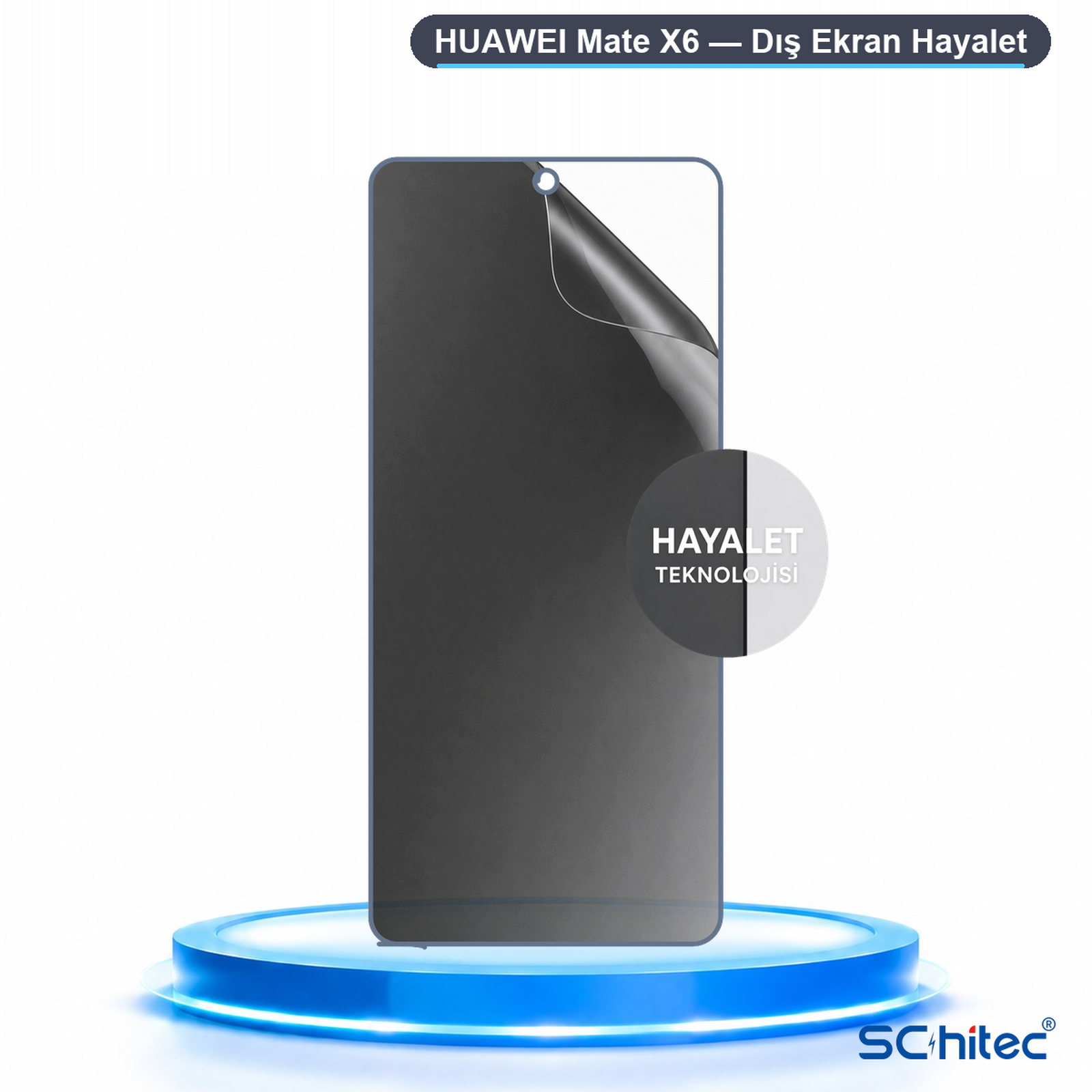 Mavi zemin üzerinde Huawei Mate X6 hayalet ekran koruyucu.